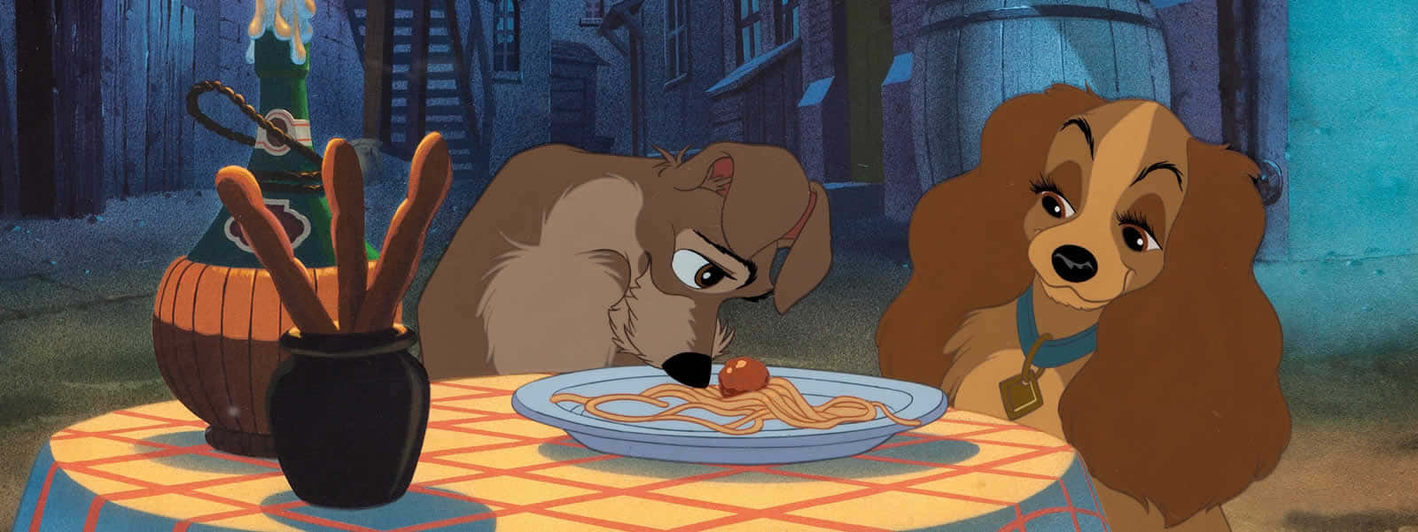 Lady and the Tramp, spaghetti dinner, checkered table, HD Desktop Wallpaper