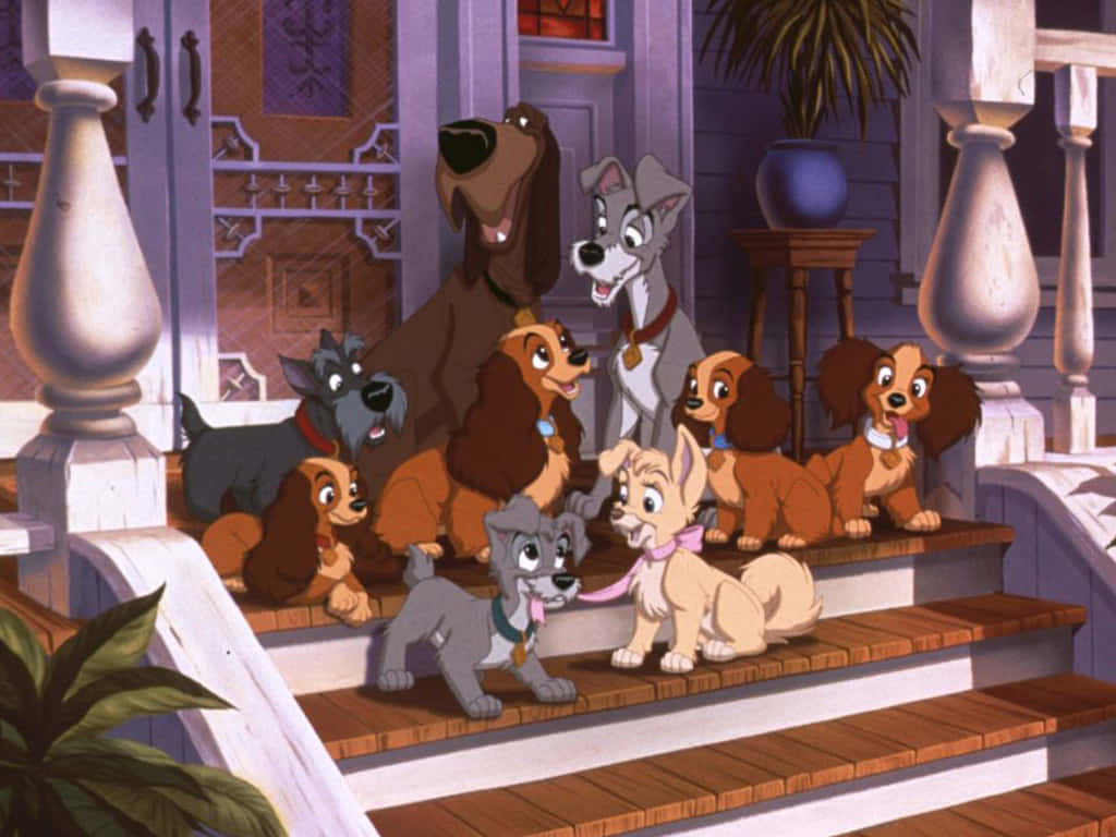 Lady and the Tramp, spaghetti-kiss scene, wooden porch, SD Desktop Wallpaper