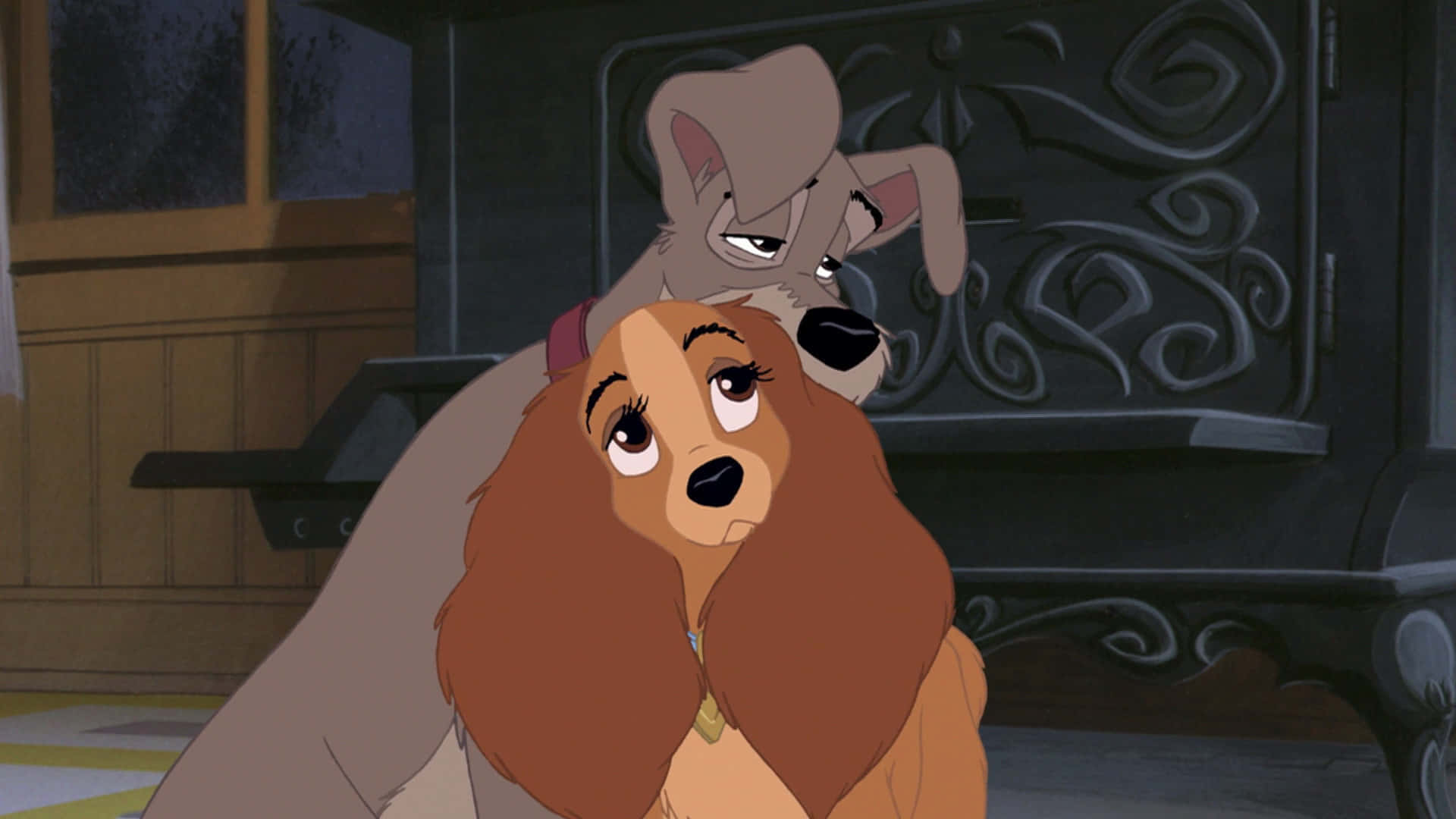 Lady and the Tramp, spaghetti meal, ornate fireplace, Full HD Desktop Wallpaper
