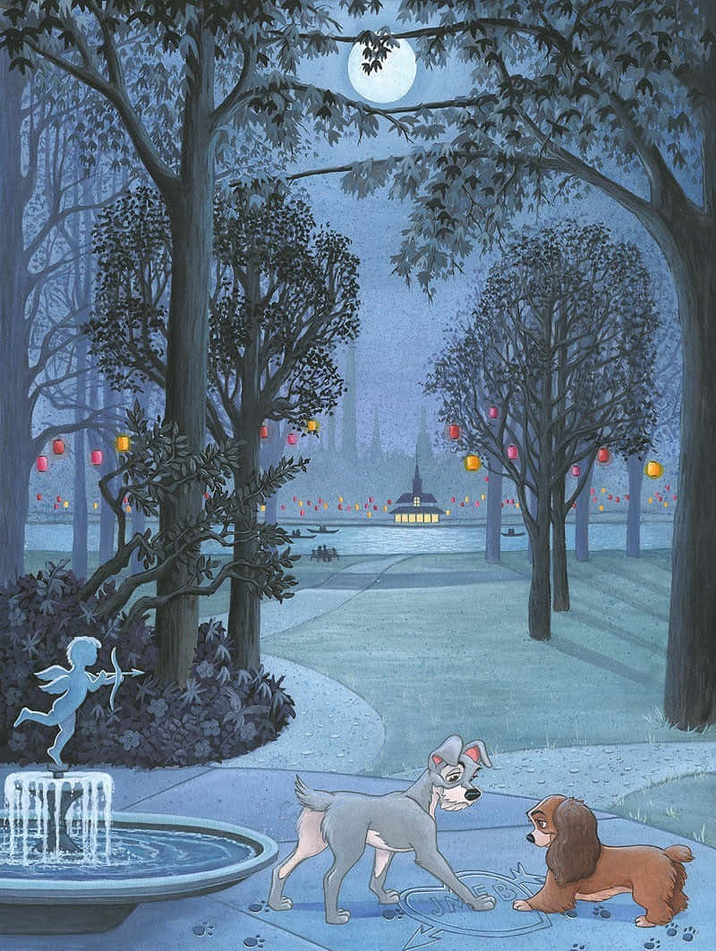 Lady and the Tramp, spaghetti noodle, glowing moonlit park, SD Phone Wallpaper