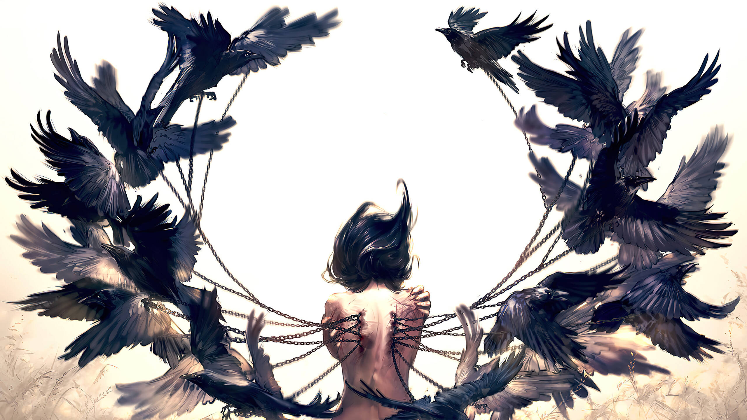 Cool Girl Birds Wing, black ravens, chains, 2K Desktop Wallpaper