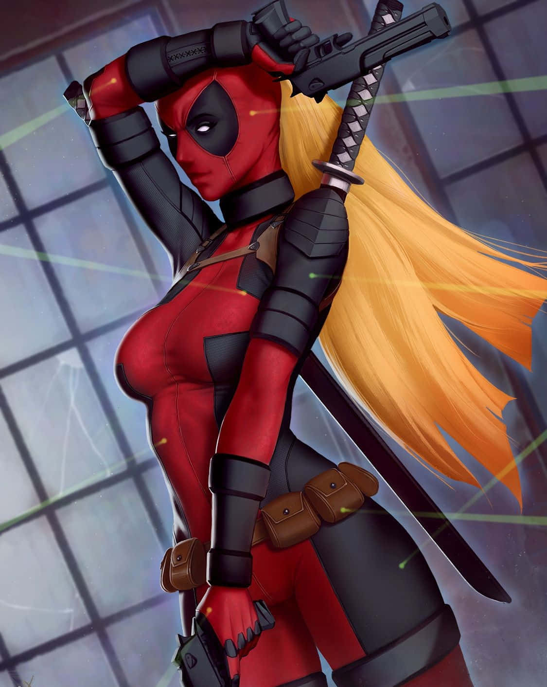 Lady Deadpool, red and black suit, gun, HD Phone Wallpaper