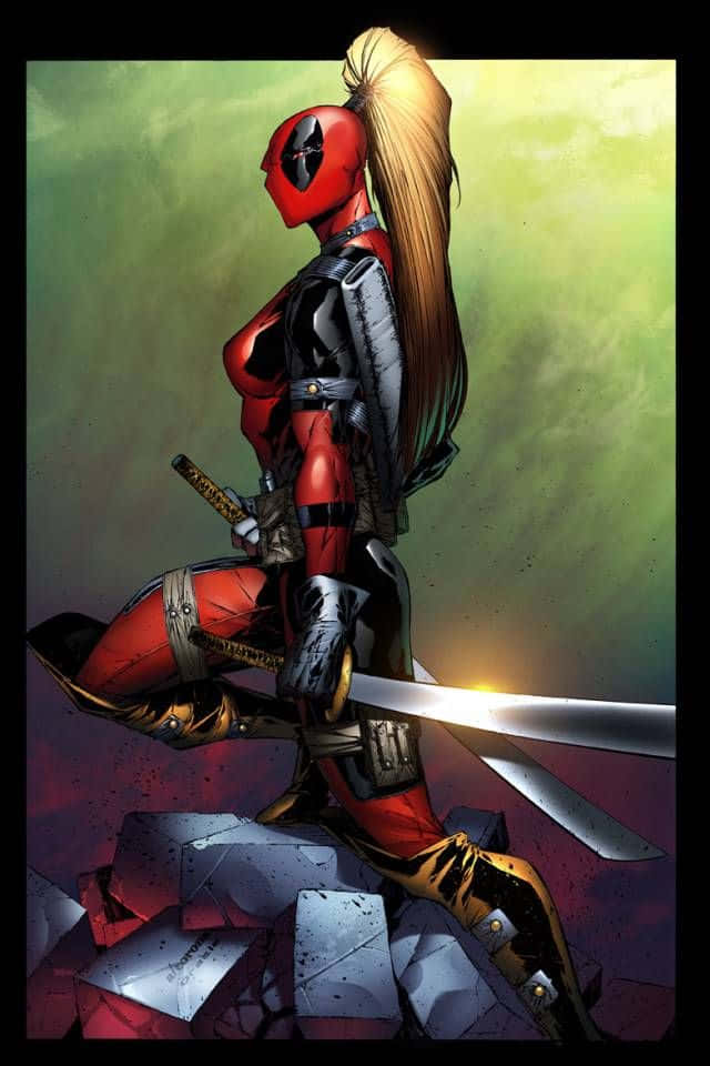 Lady Deadpool, red and black suit, katana, SD Phone Wallpaper