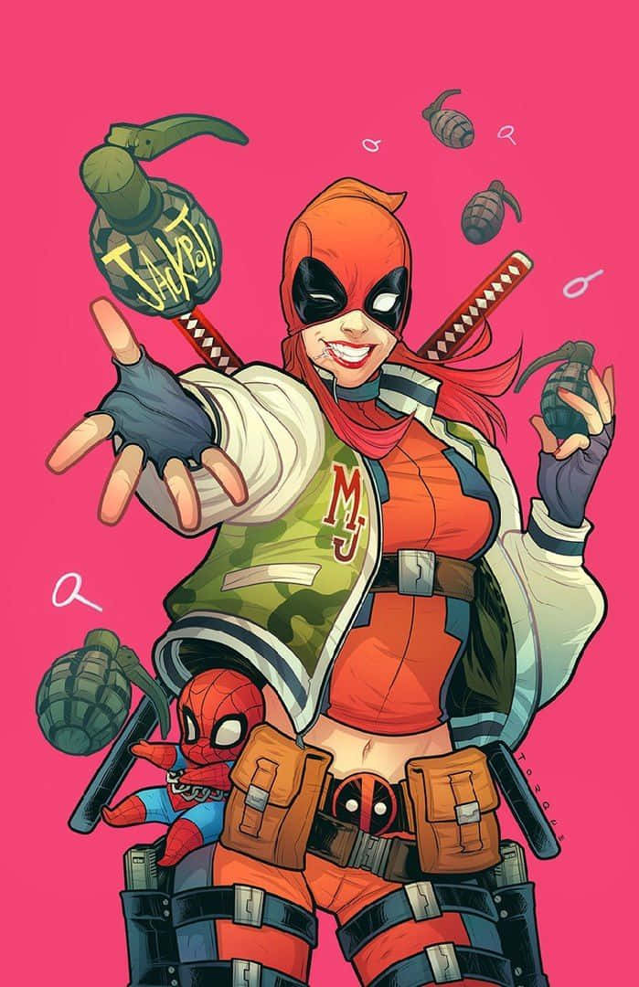 Lady Deadpool, anime-style Deadpool, red hair, SD Phone Wallpaper