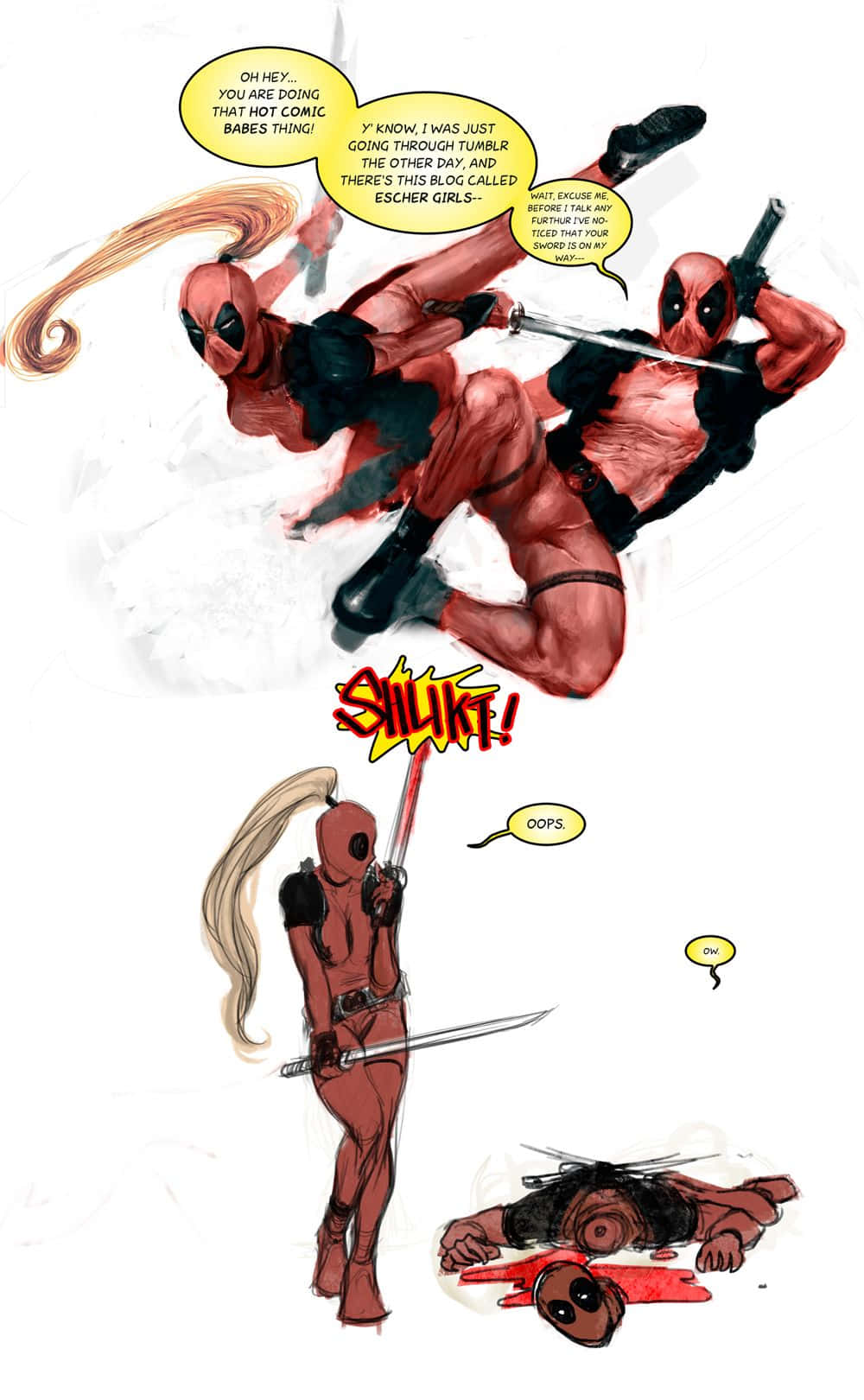 Lady Deadpool, red and black suits, sword fight, HD Phone Wallpaper