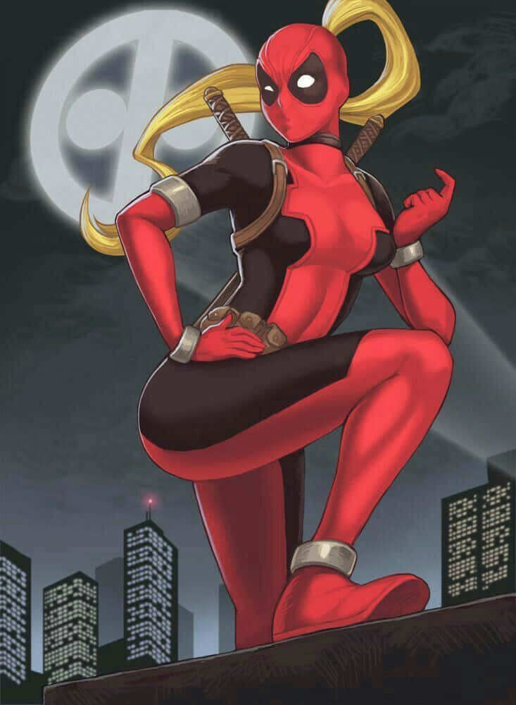 Lady Deadpool, red and black suit, blonde pigtails, SD Phone Wallpaper