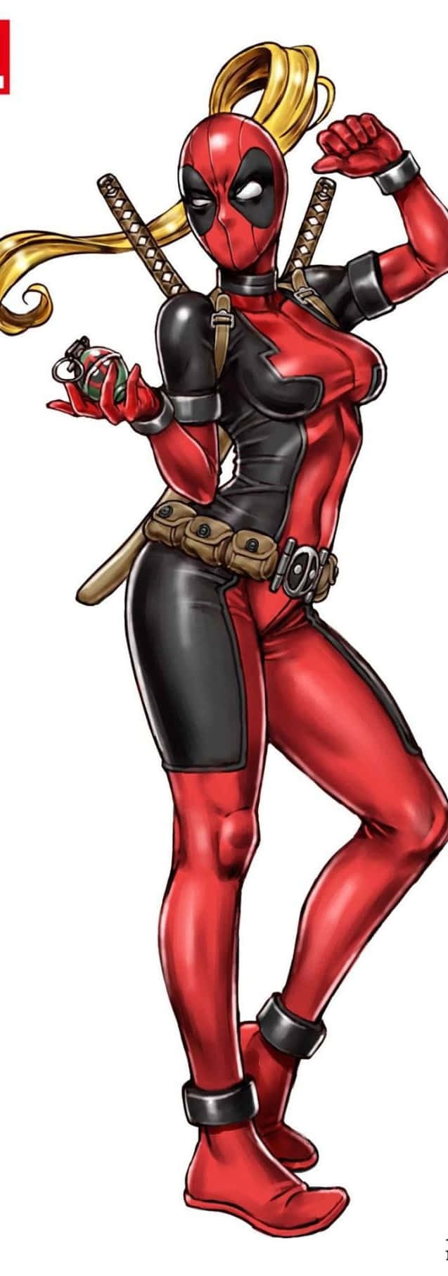 Lady Deadpool, red and black suit, blonde ponytail, HD Phone Wallpaper