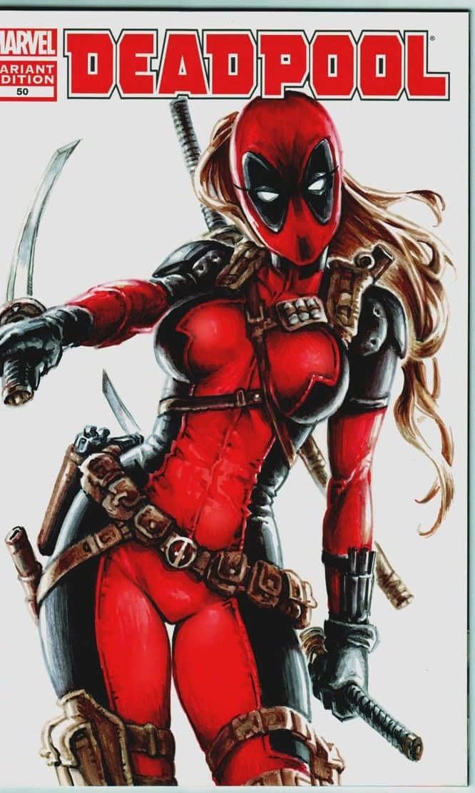 Lady Deadpool, red and black suit, multiple swords, SD Phone Wallpaper