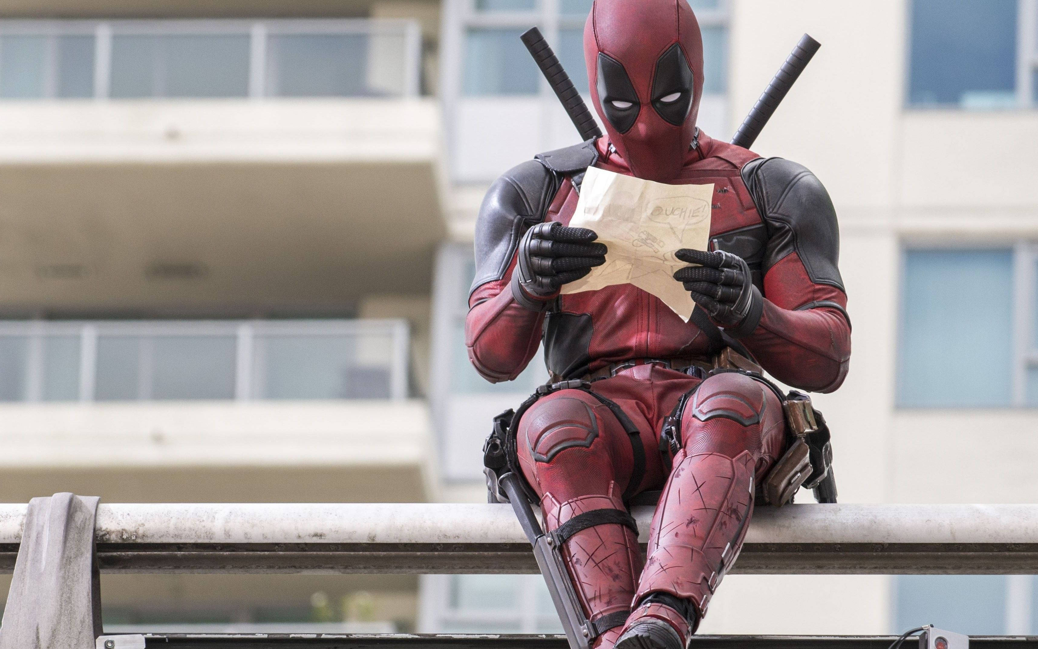 Deadpool, red and black suit, twin katanas, 2K Desktop Wallpaper
