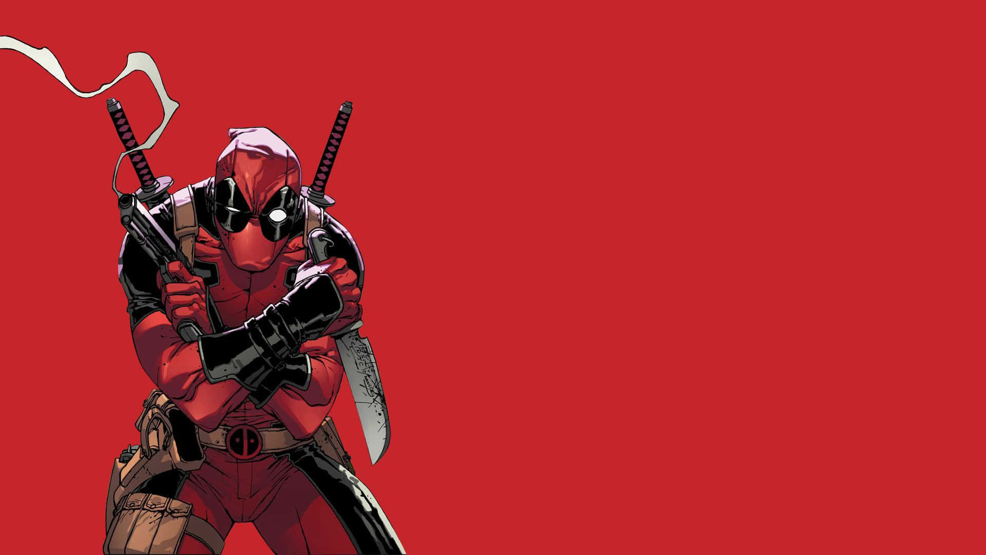 Deadpool, red background, two swords, Full HD Desktop Wallpaper