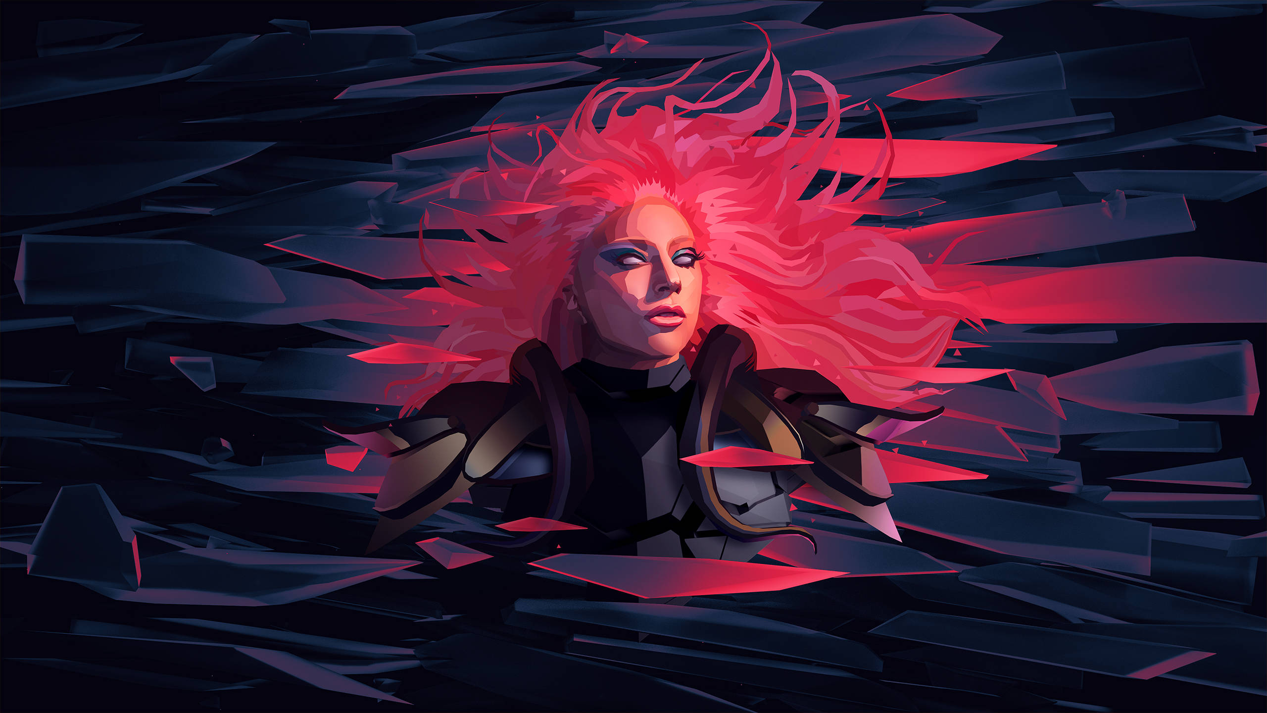 Lady Gaga, vibrant pink hair, shattered glass, 2K Desktop Wallpaper