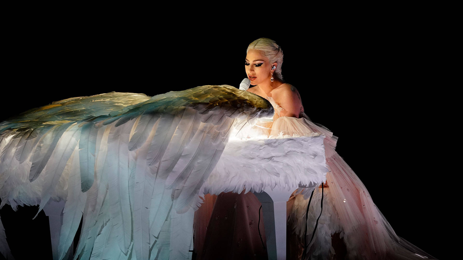 Lady Gaga, platinum hair, dramatic angel wings, Full HD Desktop Wallpaper