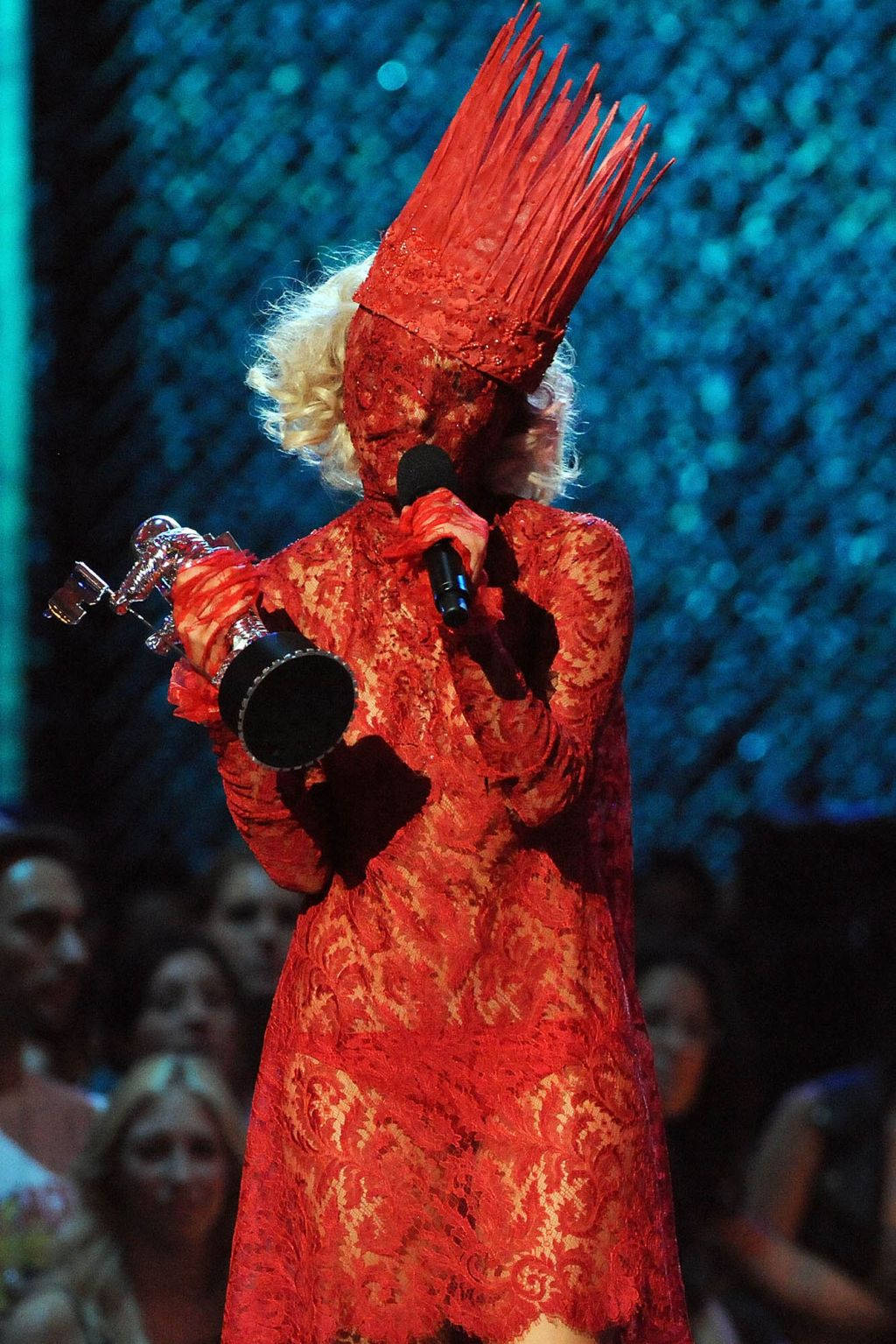 Lady Gaga, red lace dress, towering red headdress, HD Phone Wallpaper