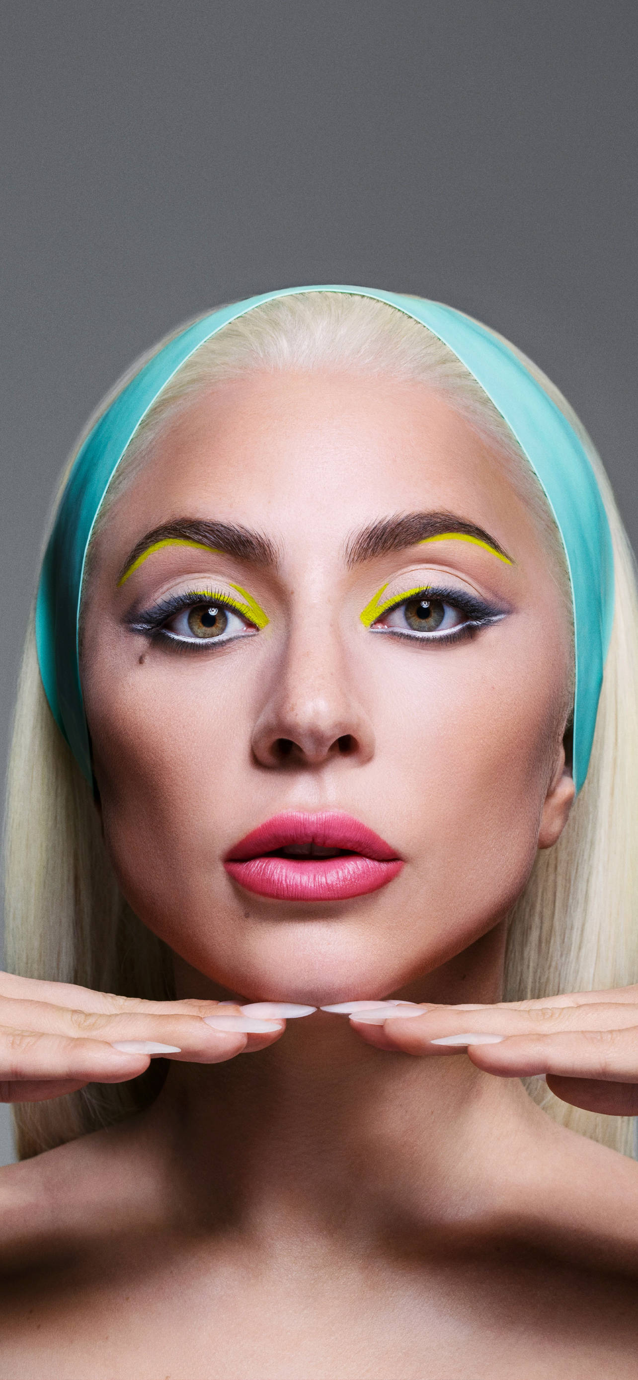 Lady Gaga, platinum blonde hair, bold yellow eyeliner, 2K Phone Wallpaper
