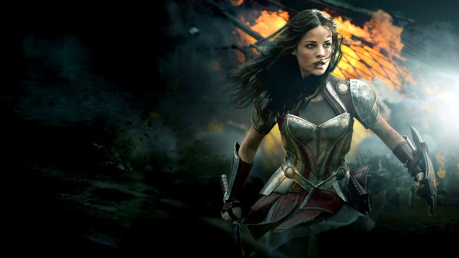 Lady Sif, metallic armor, fiery explosions, HD Desktop Wallpaper