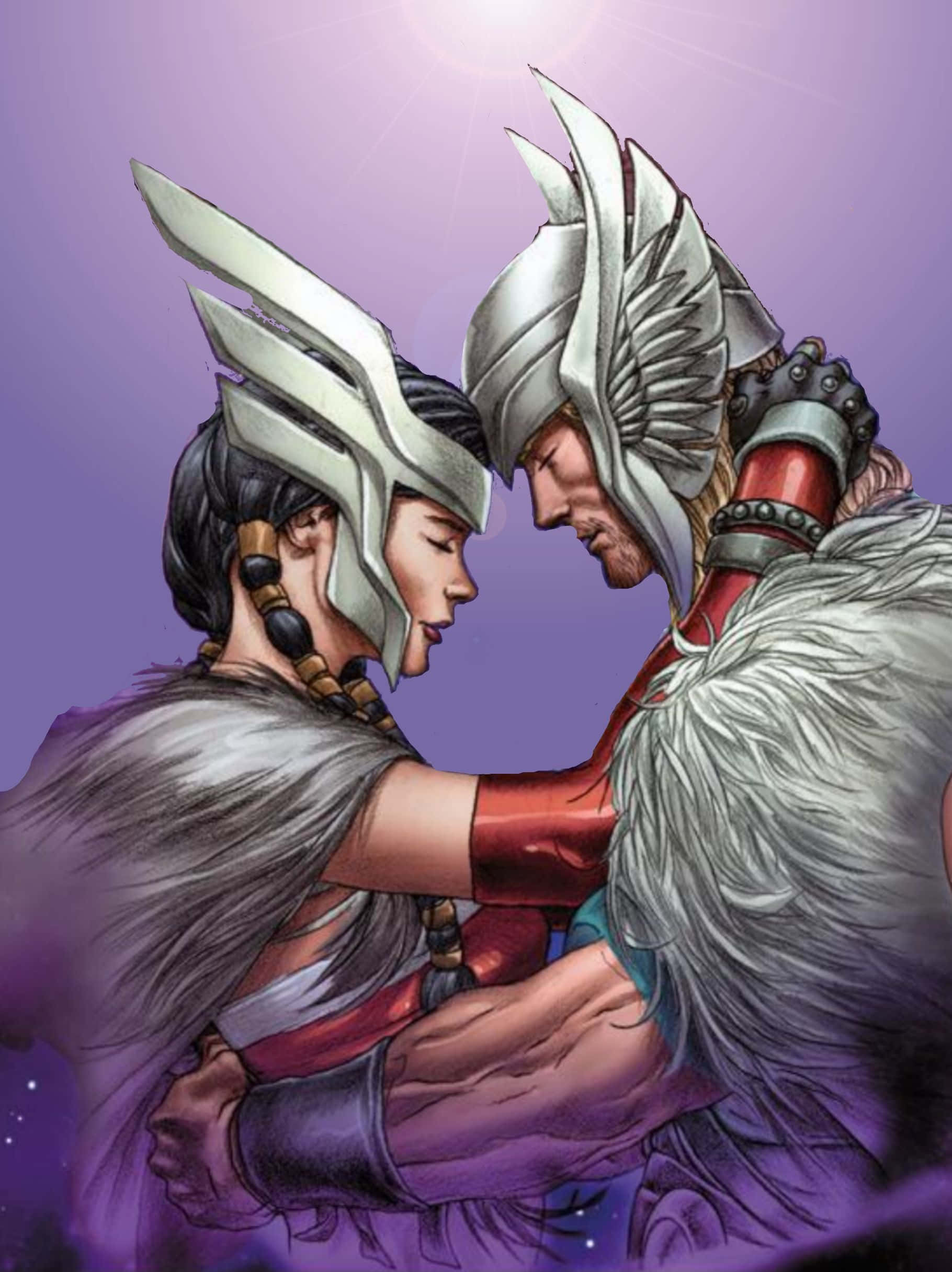 Lady Sif, ornate helmets, glowing purple cosmic backdrop, Full HD Phone Wallpaper
