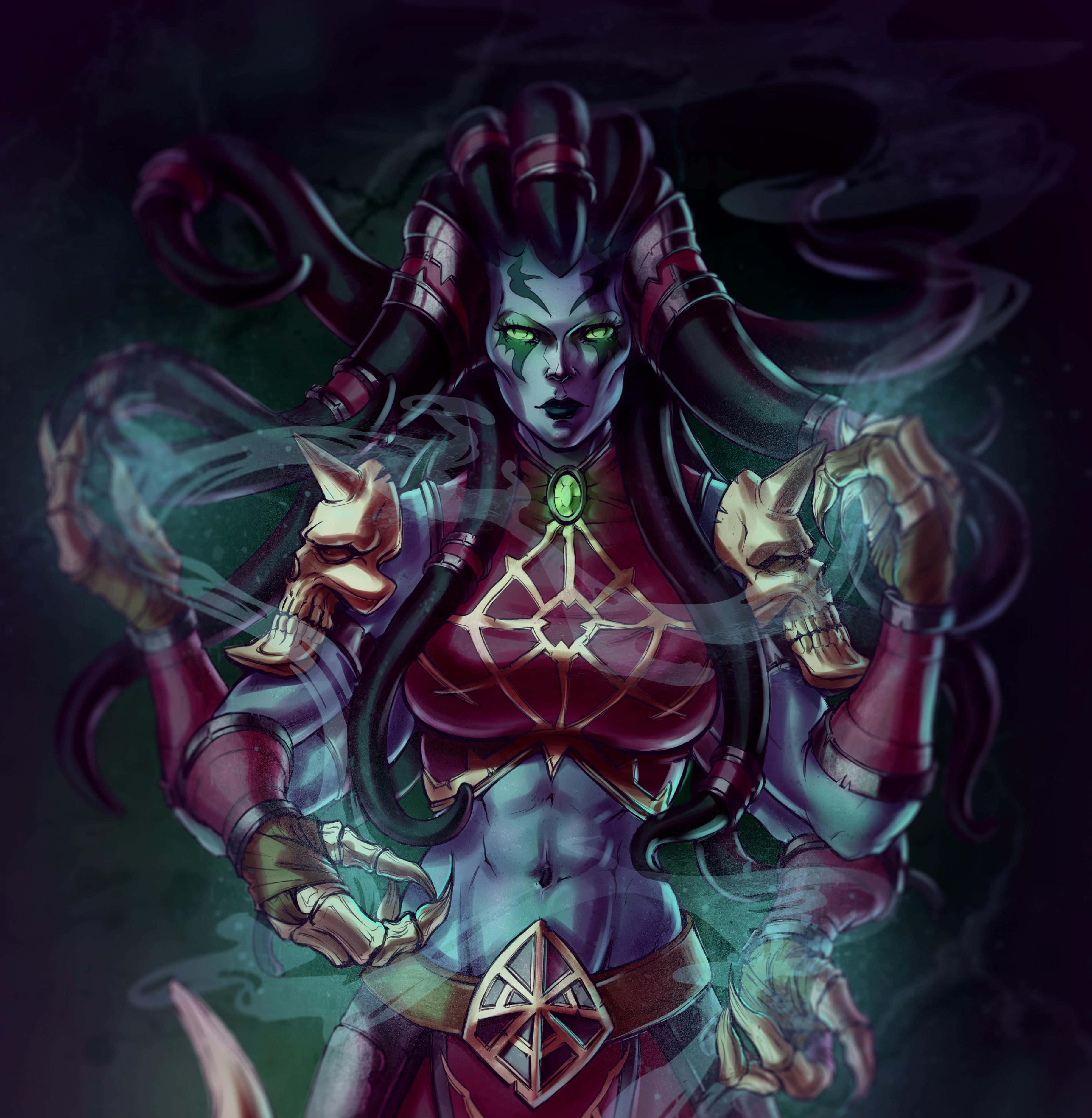 Lady Vashj, glowing green eyes, skeletal hands, 2K Phone Wallpaper