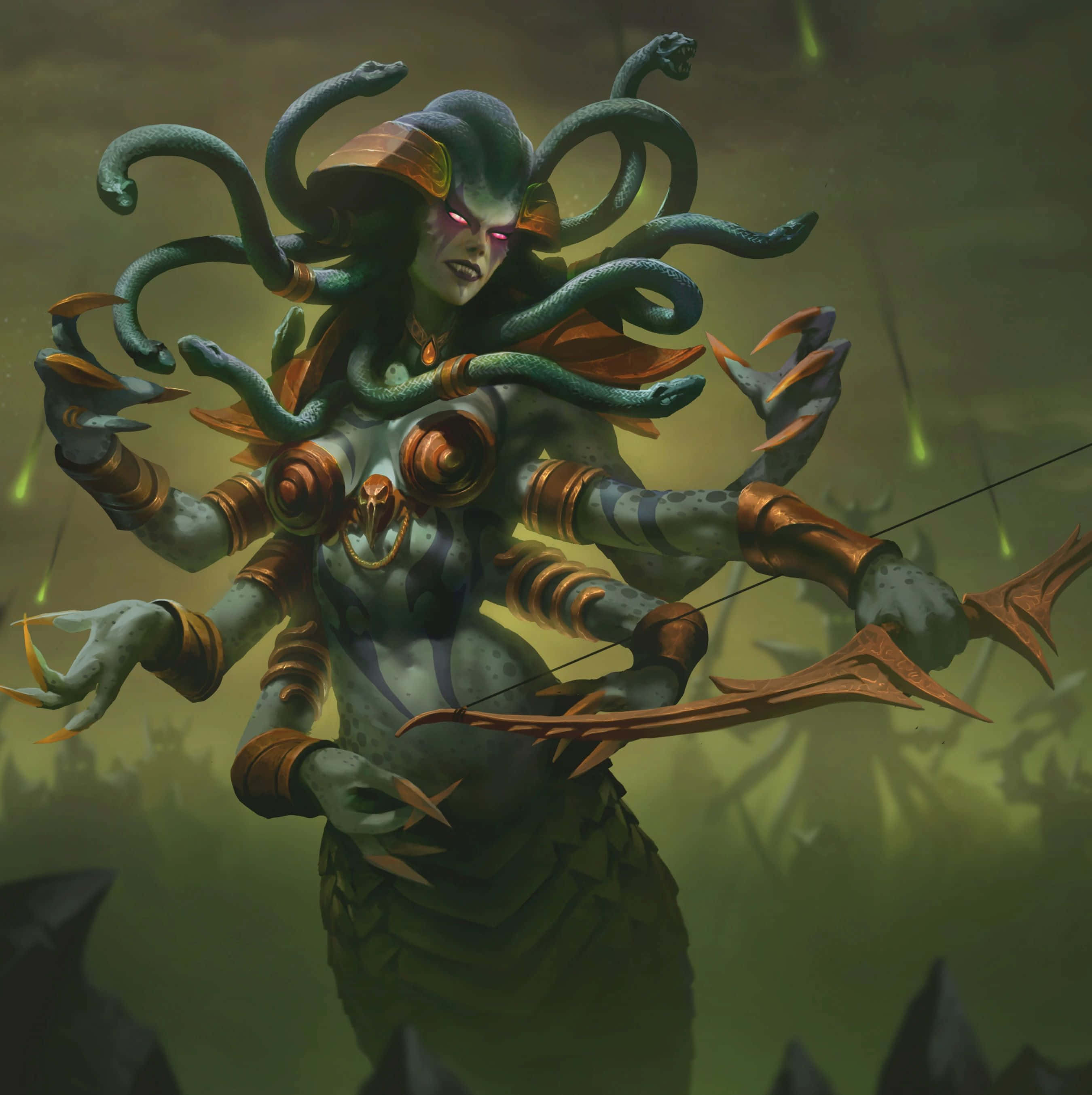 Lady Vashj, serpent-headed goddess, glowing red eyes, 2K Phone Wallpaper