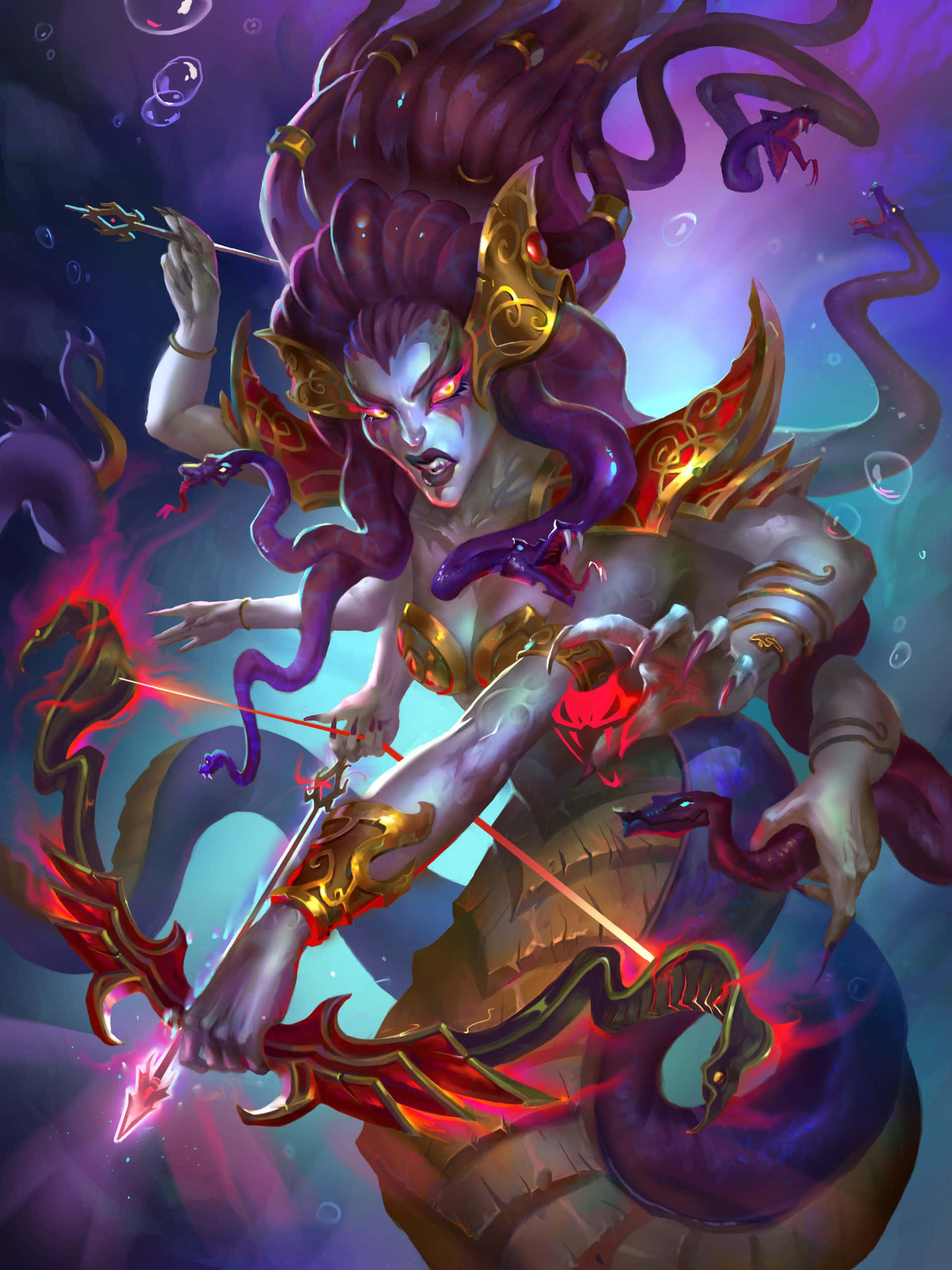 Lady Vashj, purple serpentine hair, glowing red eyes, Full HD Phone Wallpaper