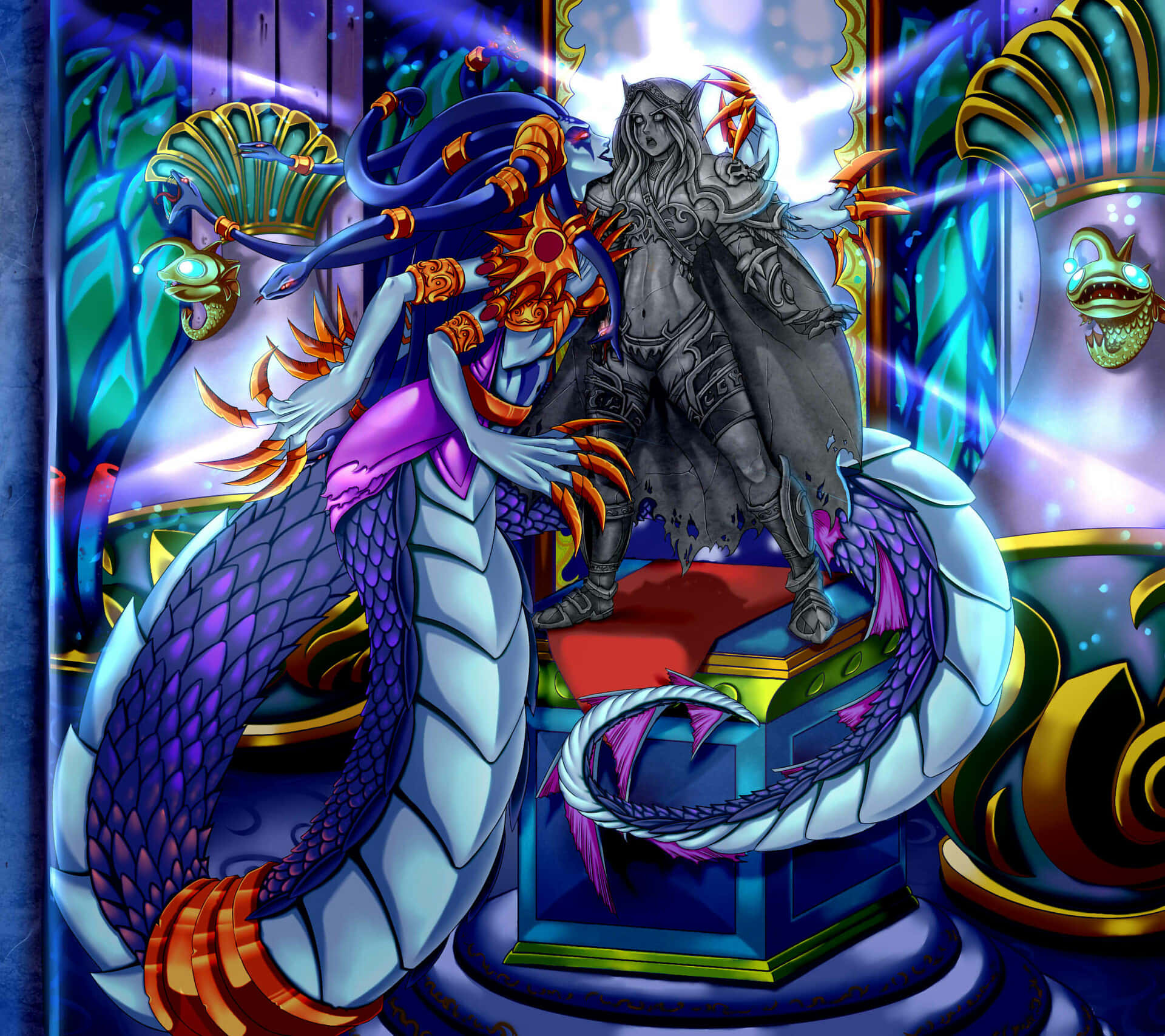 Lady Vashj, mirror reflection, purple scaled serpent, Full HD Desktop Wallpaper