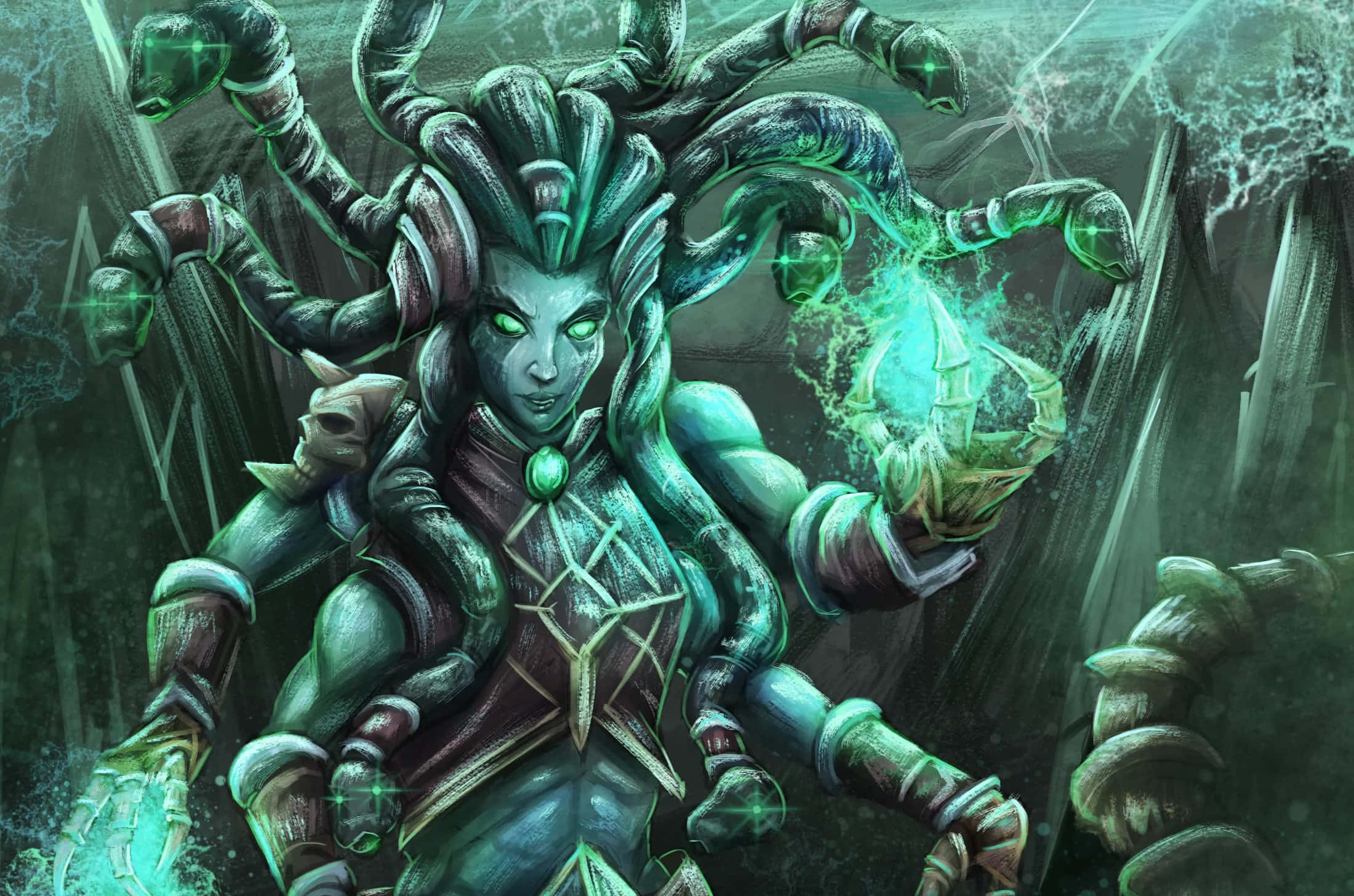 Lady Vashj, multiarmed green-skinned sorceress, glowing eyes, Full HD Desktop Wallpaper