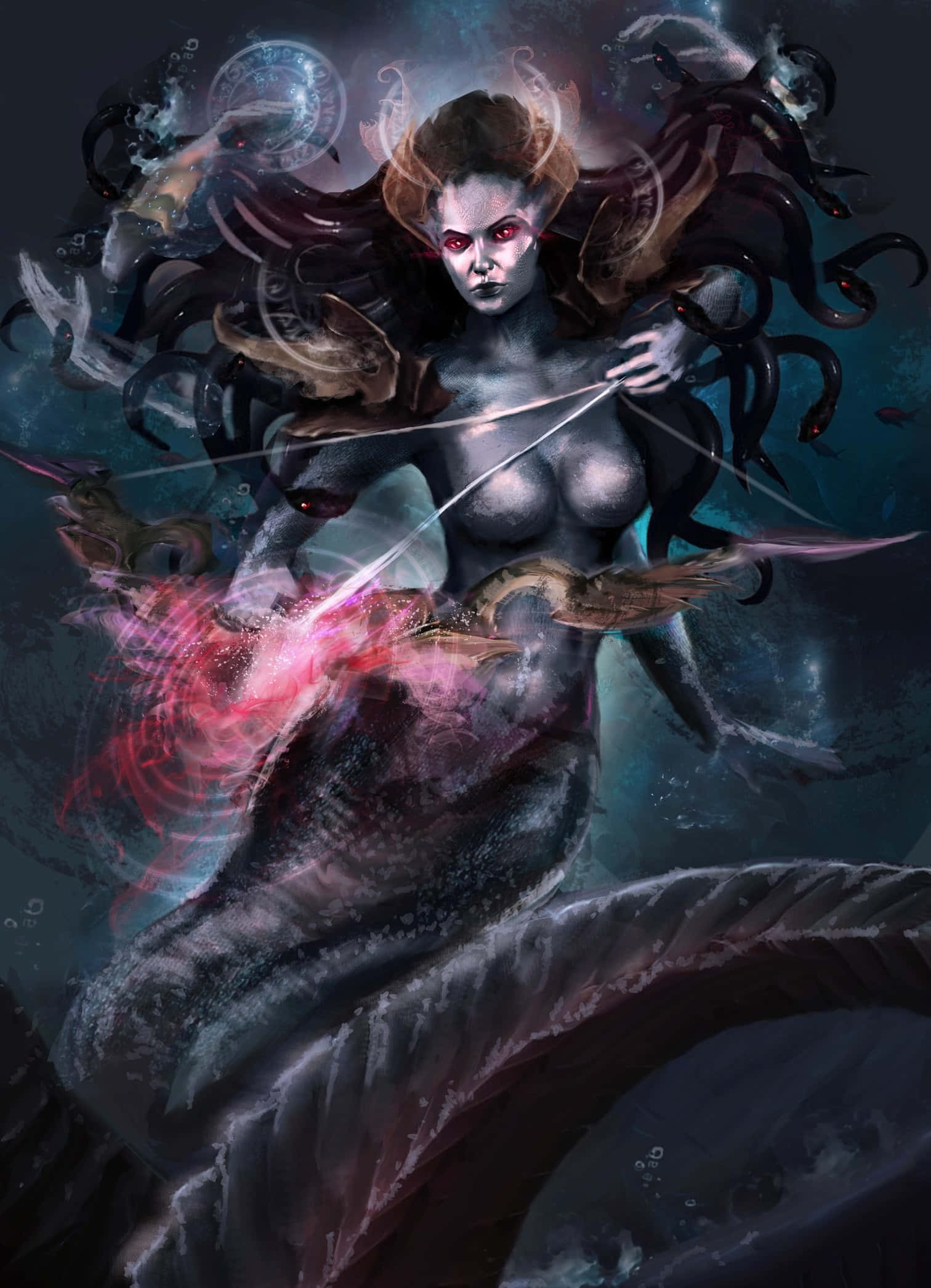 Lady Vashj, glowing red eyes, flowing hair, Full HD Phone Wallpaper