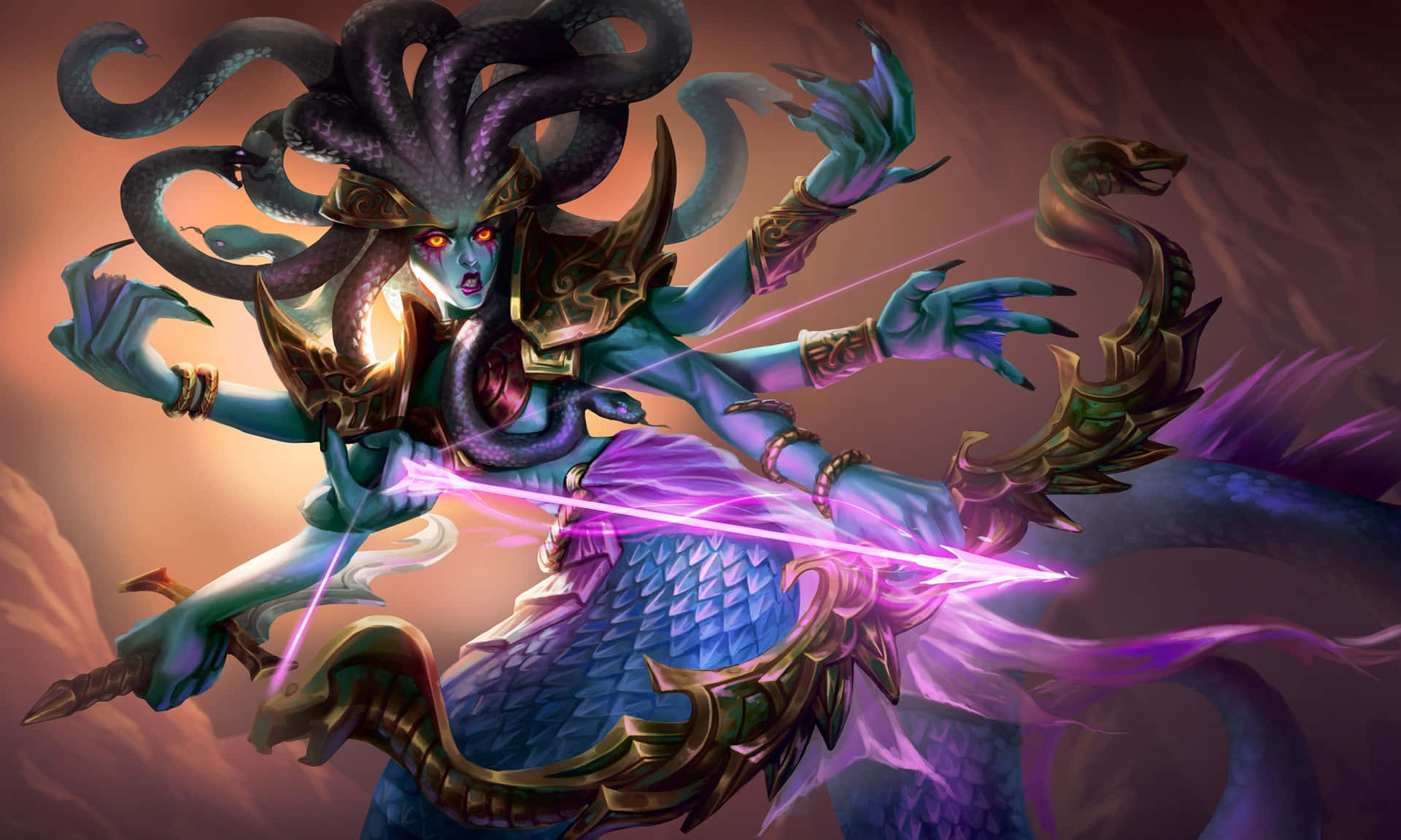 Lady Vashj, multi-armed serpentine goddess, glowing red eyes, Full HD Desktop Wallpaper