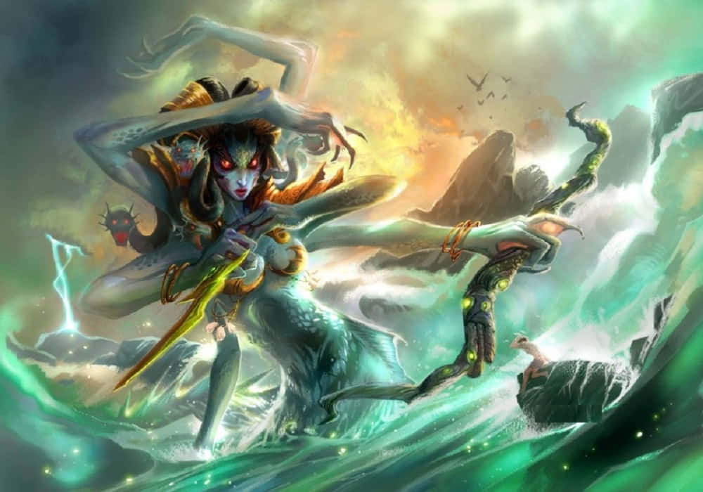 Lady Vashj, glowing red eyes, serpentine limbs, SD Desktop Wallpaper
