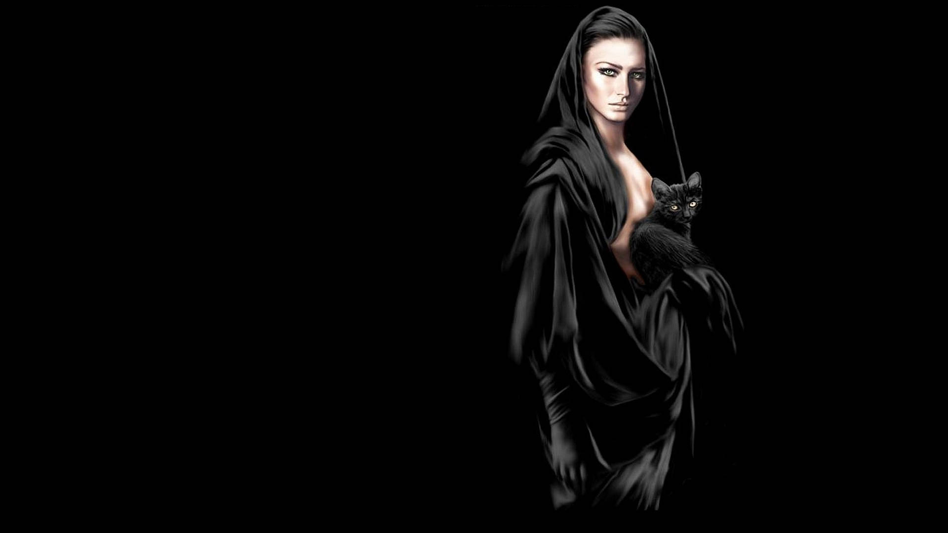 cat lady, black hooded robe, black cat, Full HD Desktop Wallpaper
