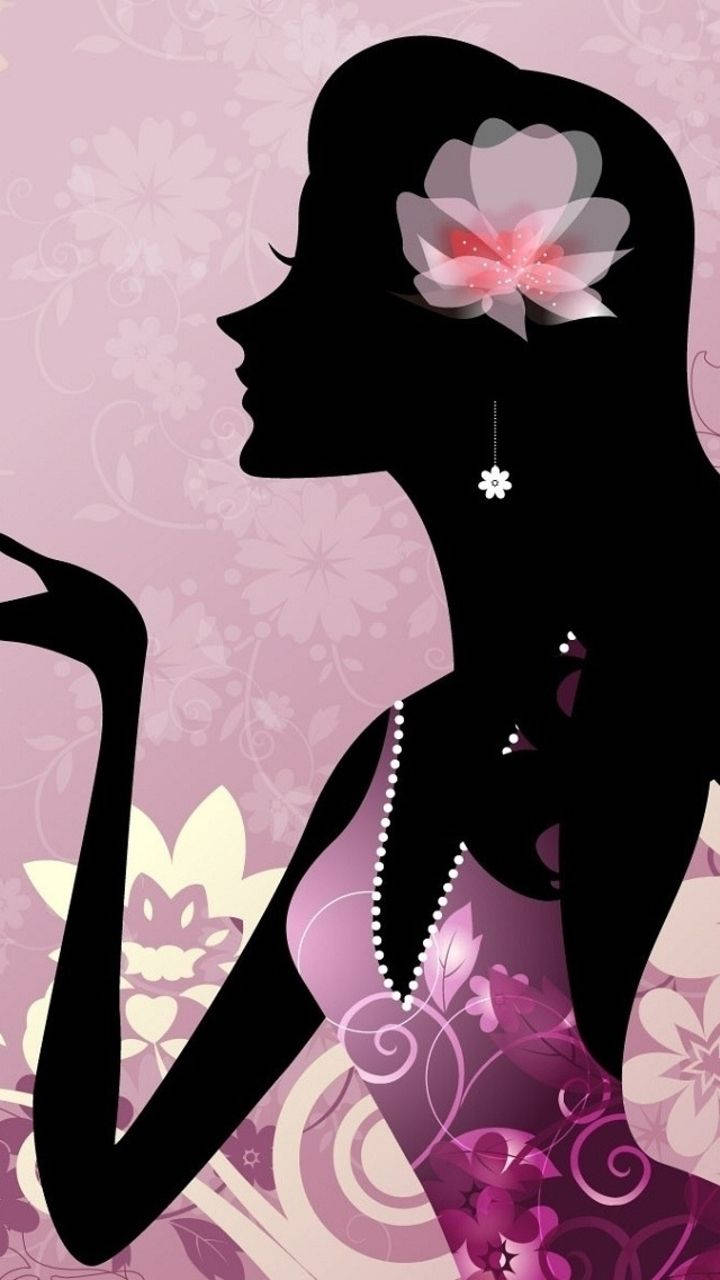 silhouette lady, glowing pink flower, floral patterned purple background, HD Phone Wallpaper