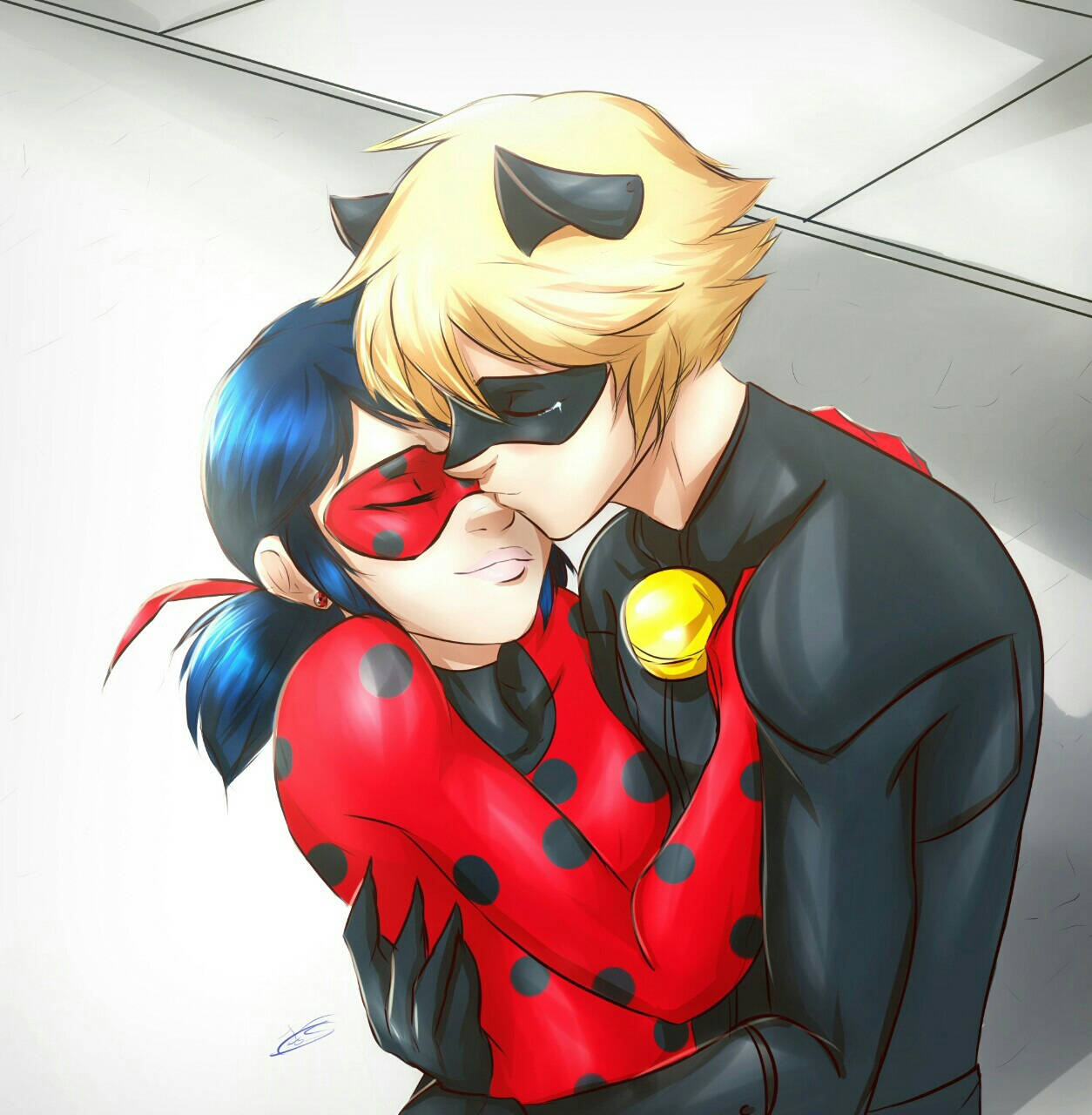 Ladybug And Cat Noir Kiss, gold bell, blonde masked hero, HD Phone Wallpaper