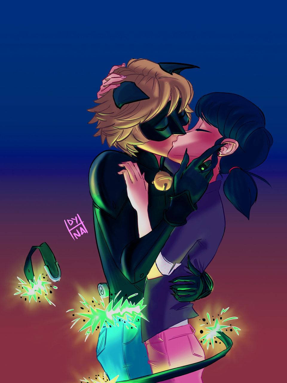 Ladybug, Cat Noir, twilight sky, HD Phone Wallpaper