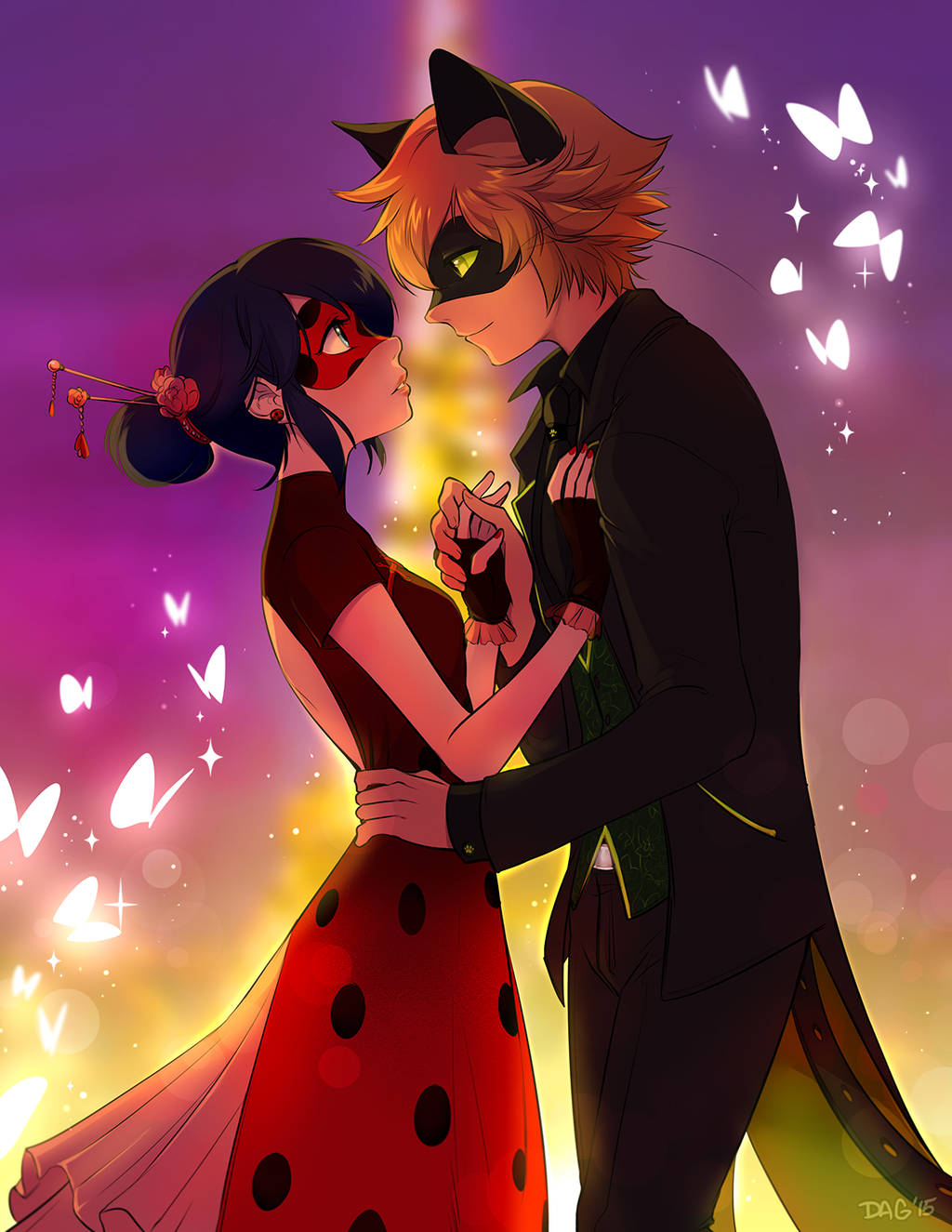 Ladybug, Cat Noir, butterflies, HD Phone Wallpaper
