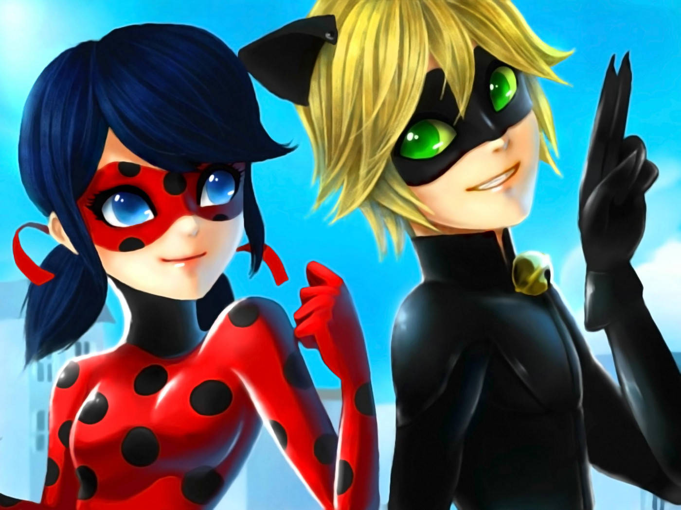 Ladybug, Cat Noir, bright blue sky, HD Desktop Wallpaper