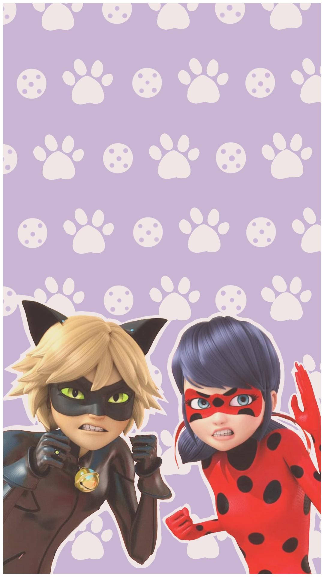 Ladybug And Cat Noir, purple background, white paw prints, Full HD Phone Wallpaper