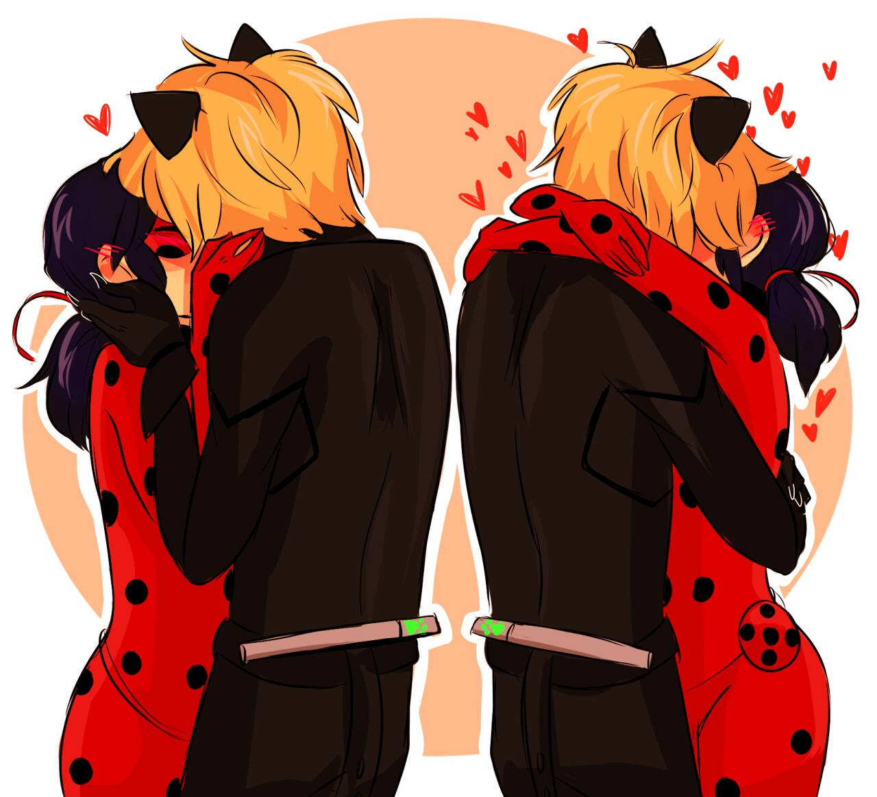 Ladybug And Cat Noir, red polka dot outfits, warm peach background, HD Desktop Wallpaper
