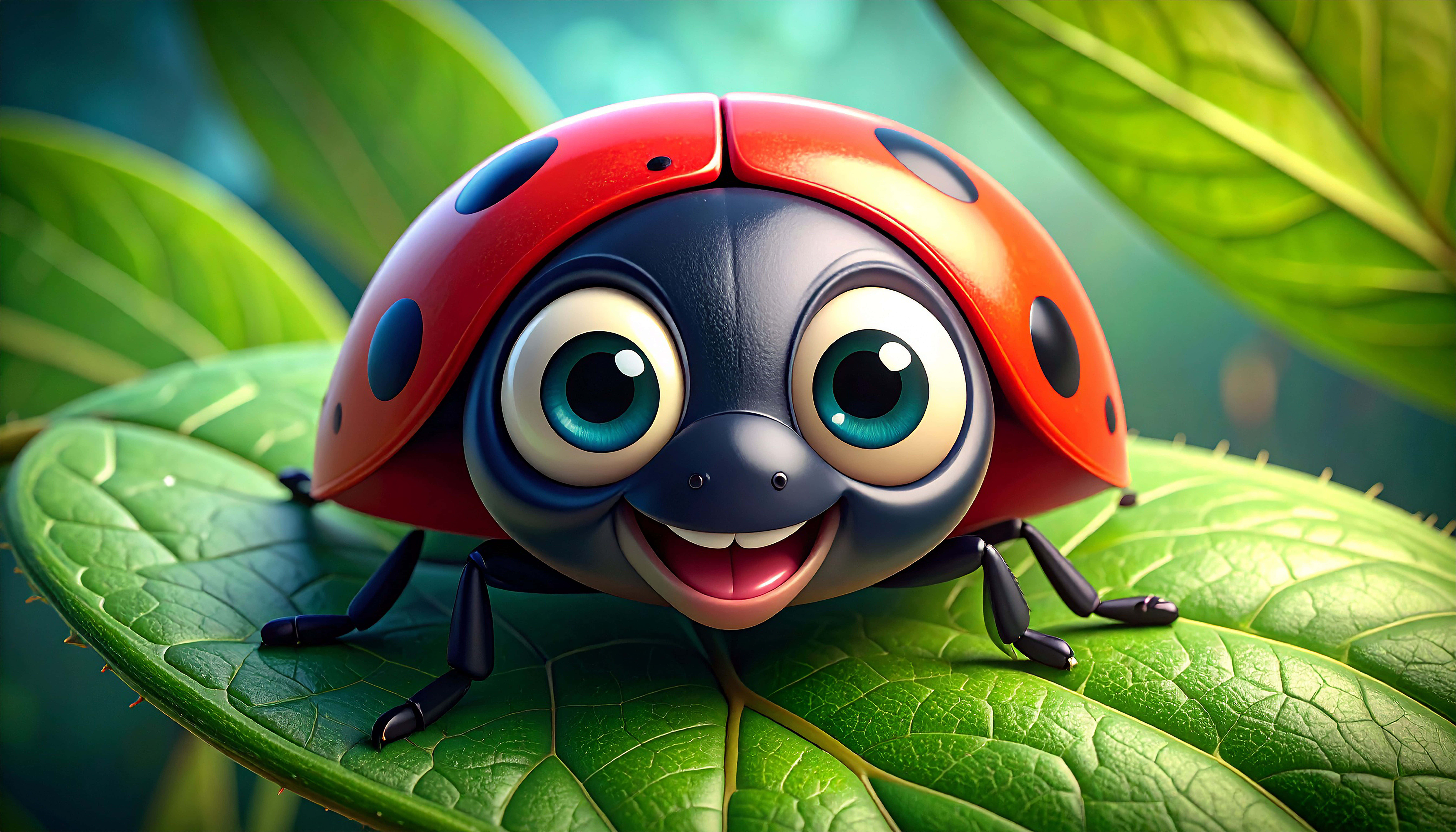 Ladybug, big blue eyes, wide smile, 8K Desktop Wallpaper