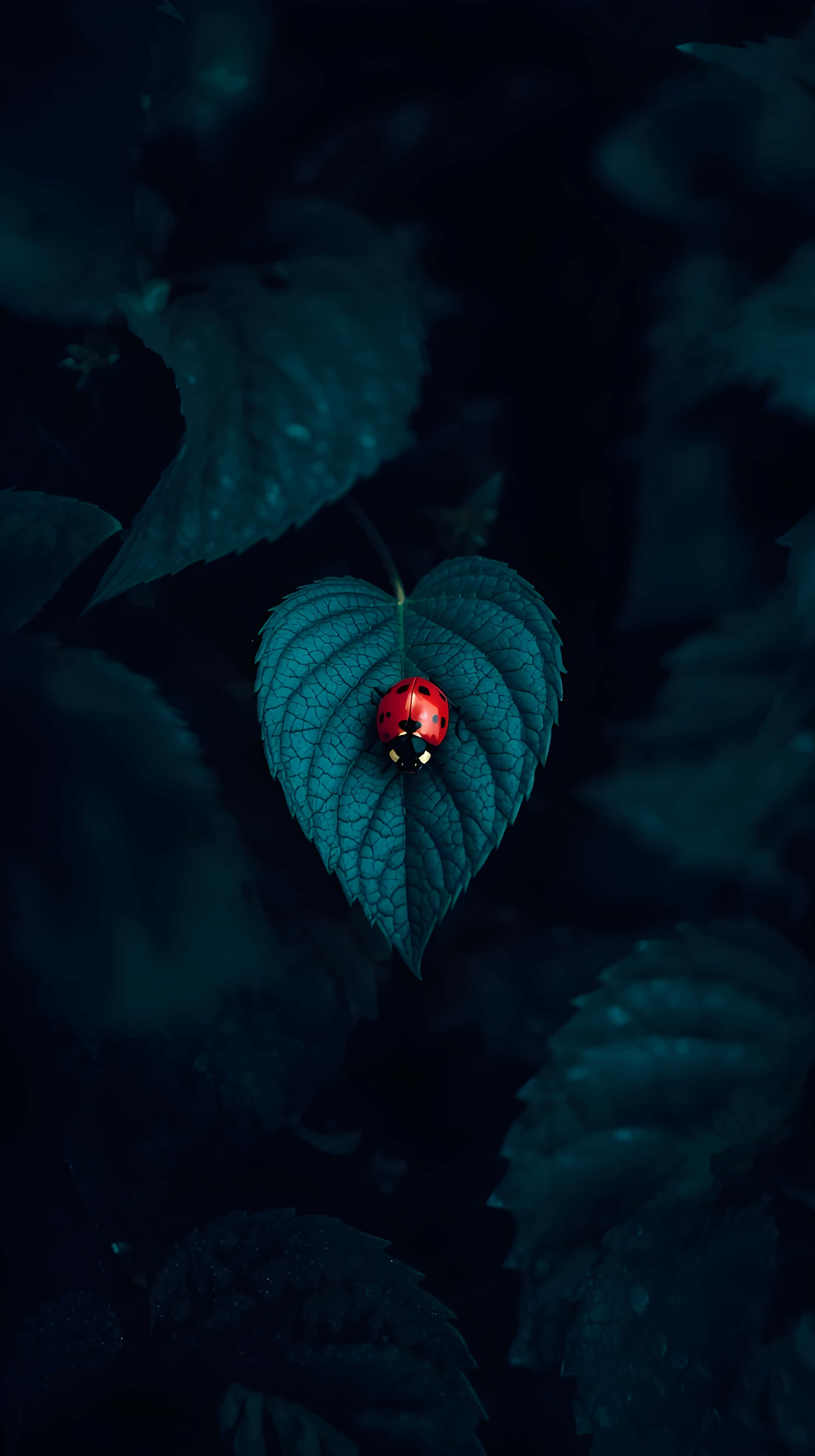 ladybug, deep teal leaf, dark blurred foliage background, 4K Phone Wallpaper