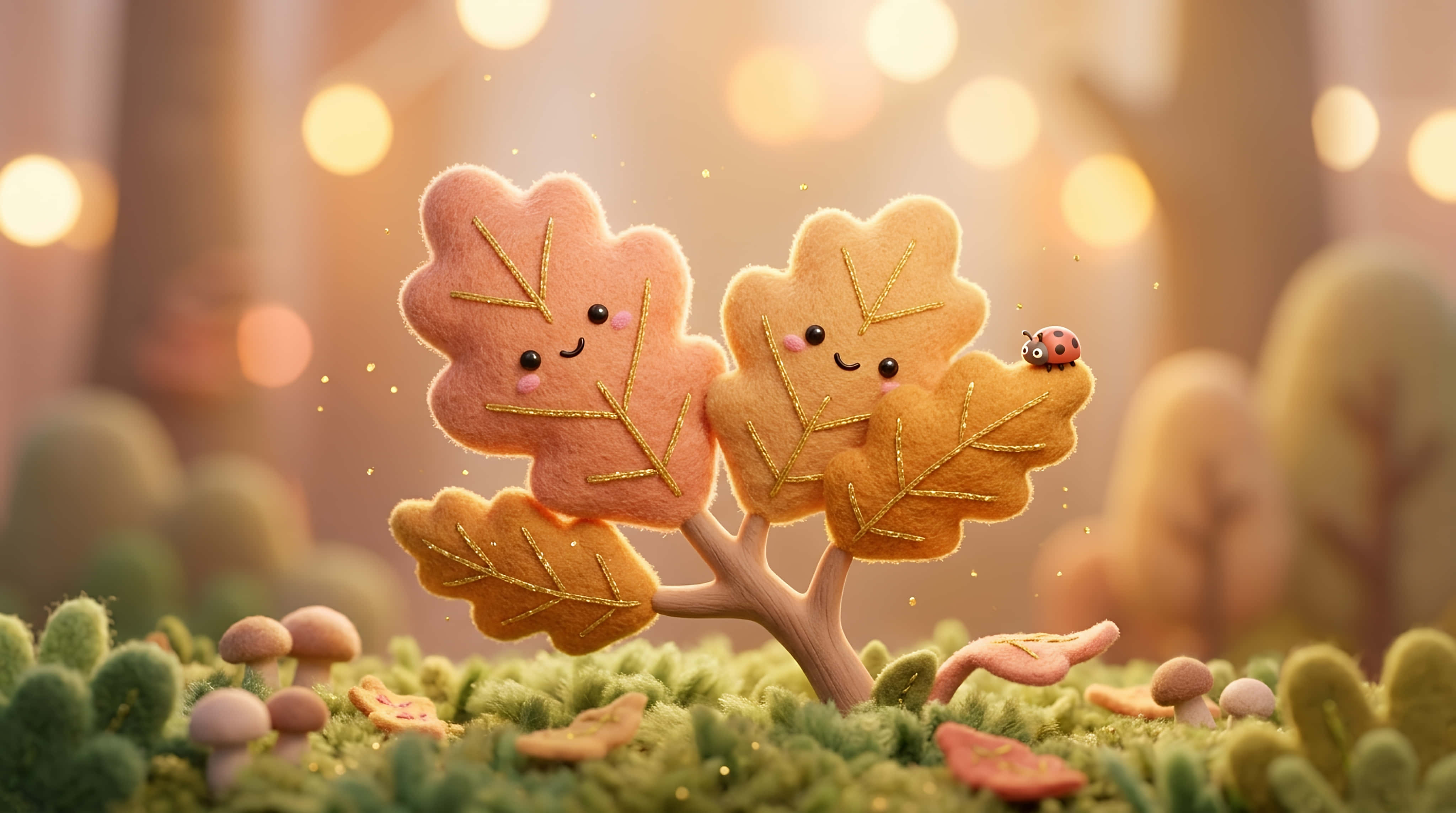 whimsical felted autumn leaves, ladybug, gold veins, 4K Desktop Wallpaper