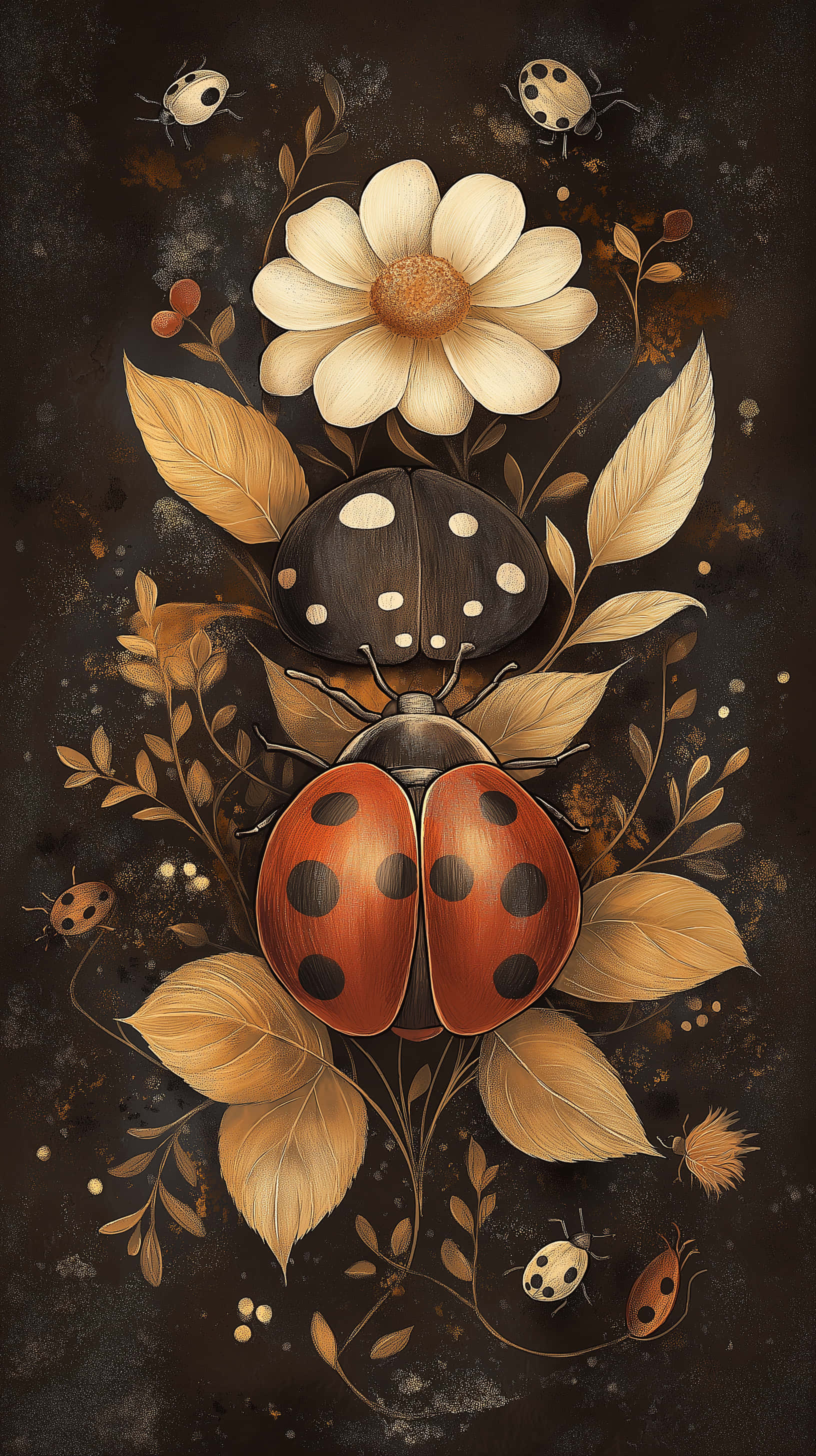 ladybugs, white flower, golden leaves, 2K Phone Wallpaper