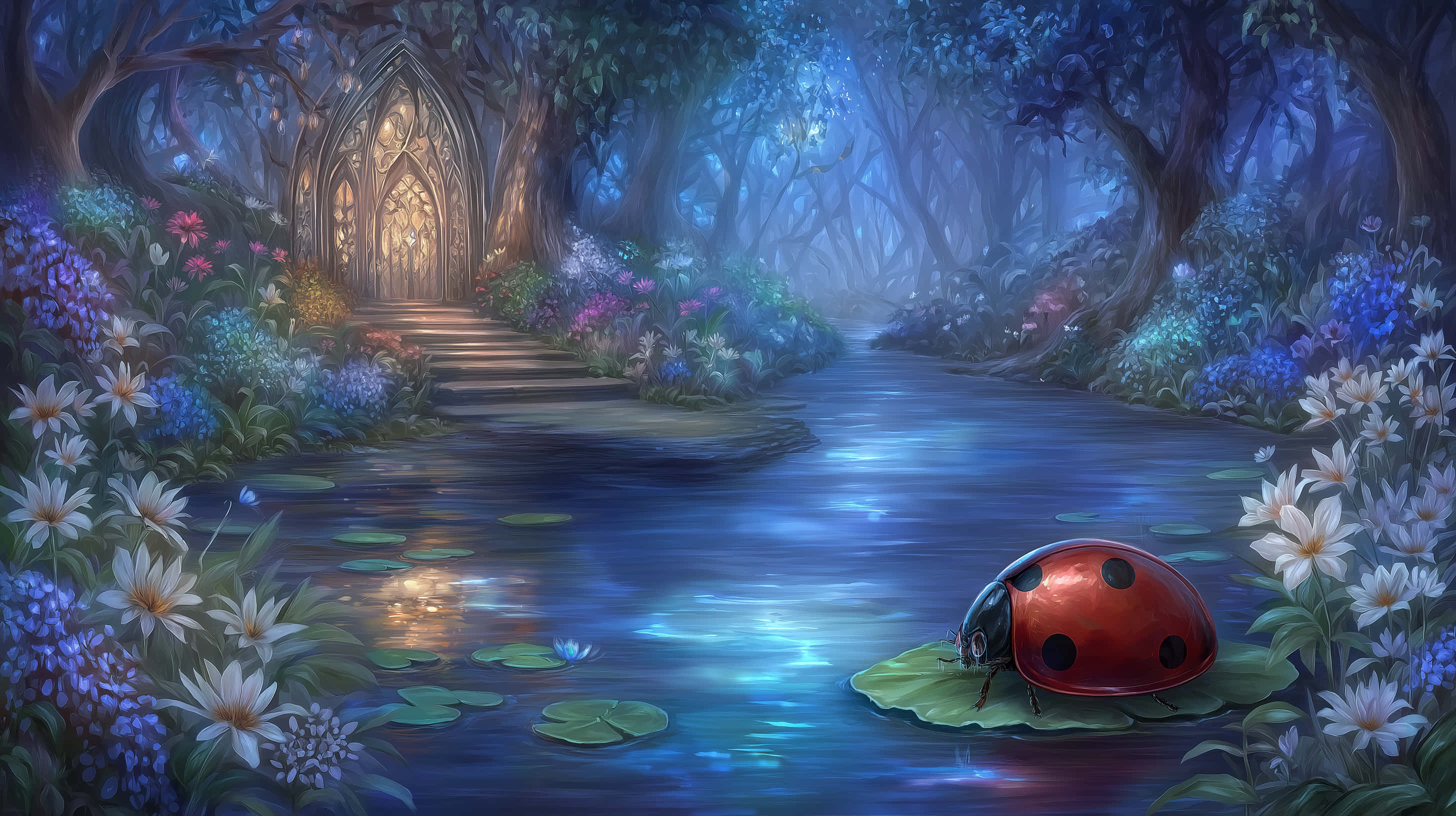 ladybug, lily pad, magical forest, 2K Desktop Wallpaper