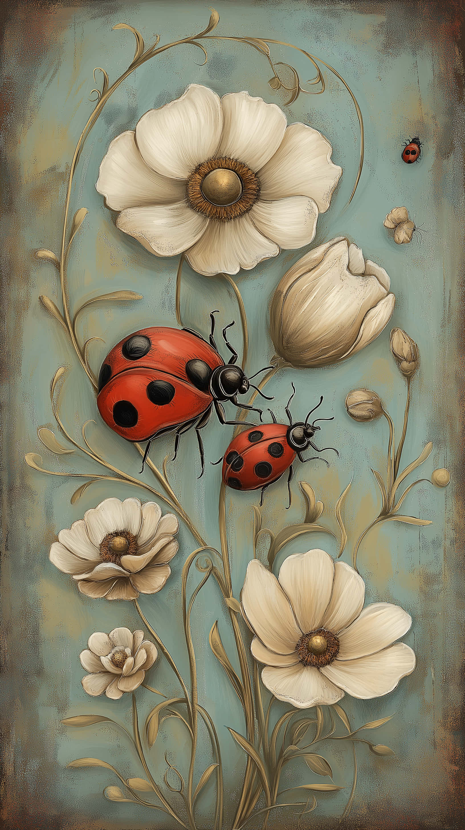 red ladybugs, cream flowers, gold stems, 2K Phone Wallpaper