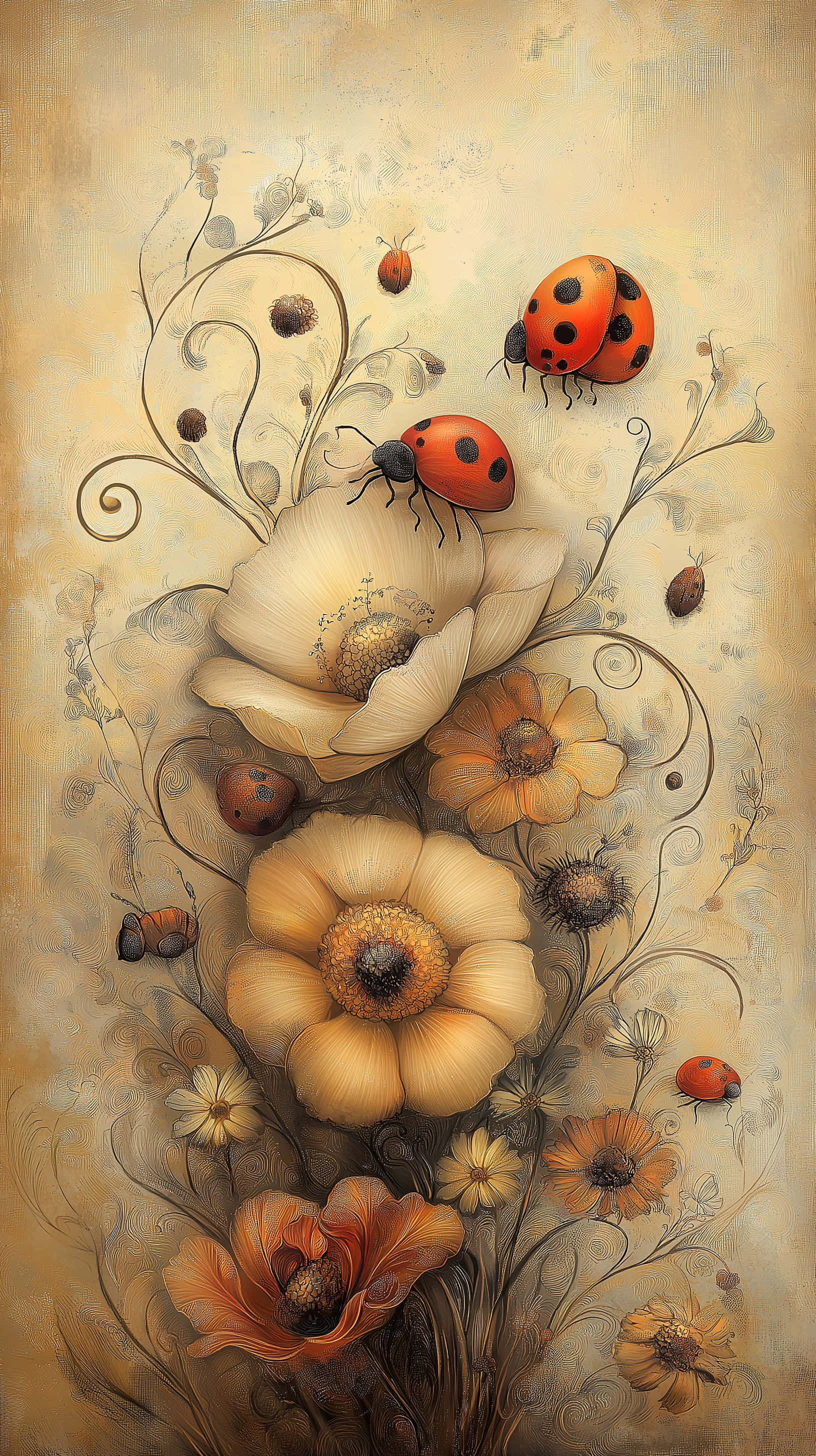 whimsical floral arrangement, red ladybugs, cream and orange flowers, 2K Phone Wallpaper