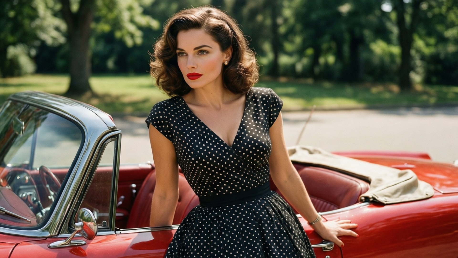 Laetitia Casta, 1950s pin-up style, red convertible, Full HD Desktop Wallpaper
