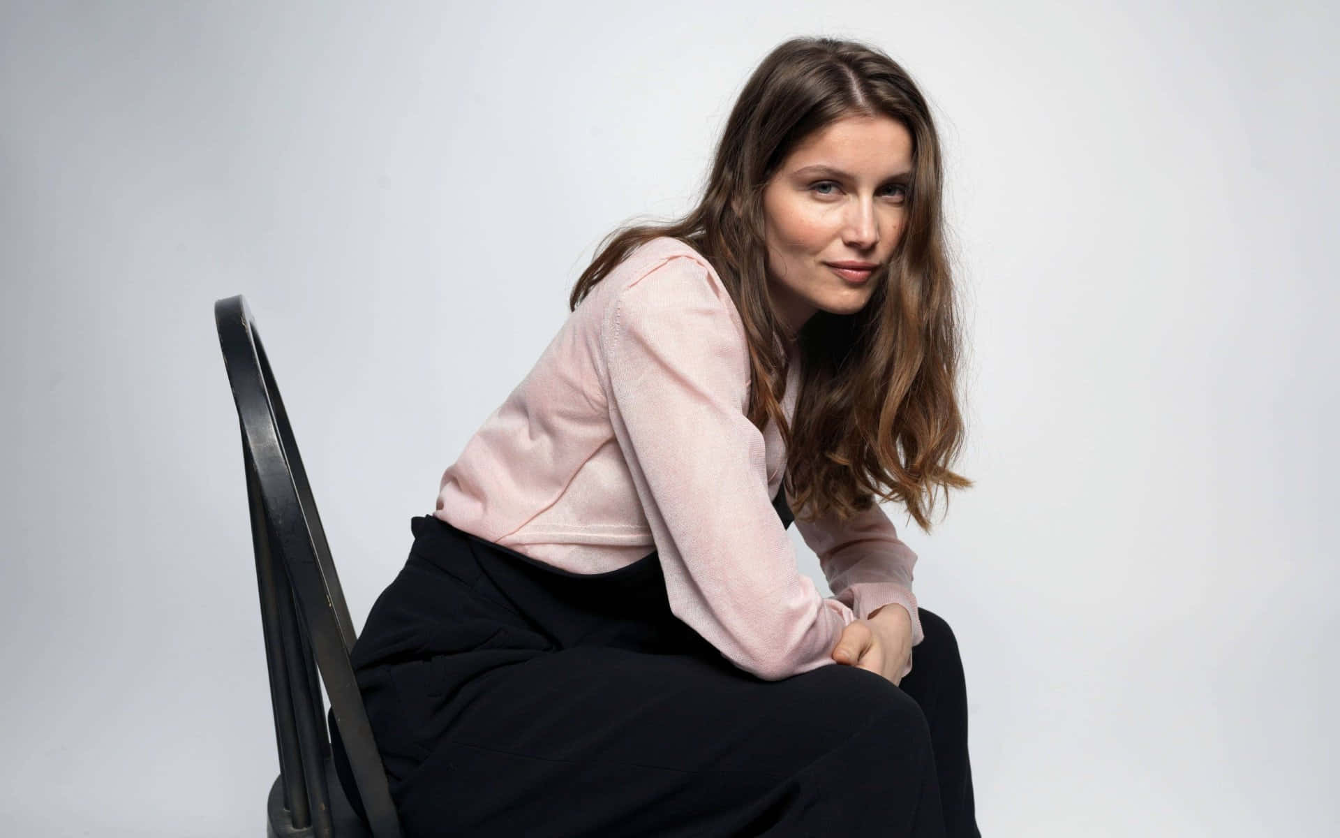 Laetitia Casta, black chair, pink blouse, Full HD Desktop Wallpaper