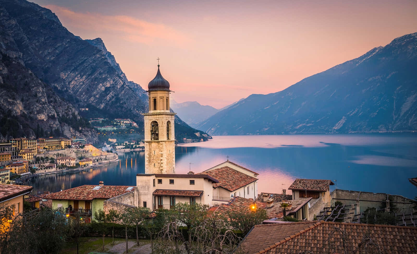 Lago Di Garda, historic church tower, calm waters, HD Desktop Wallpaper