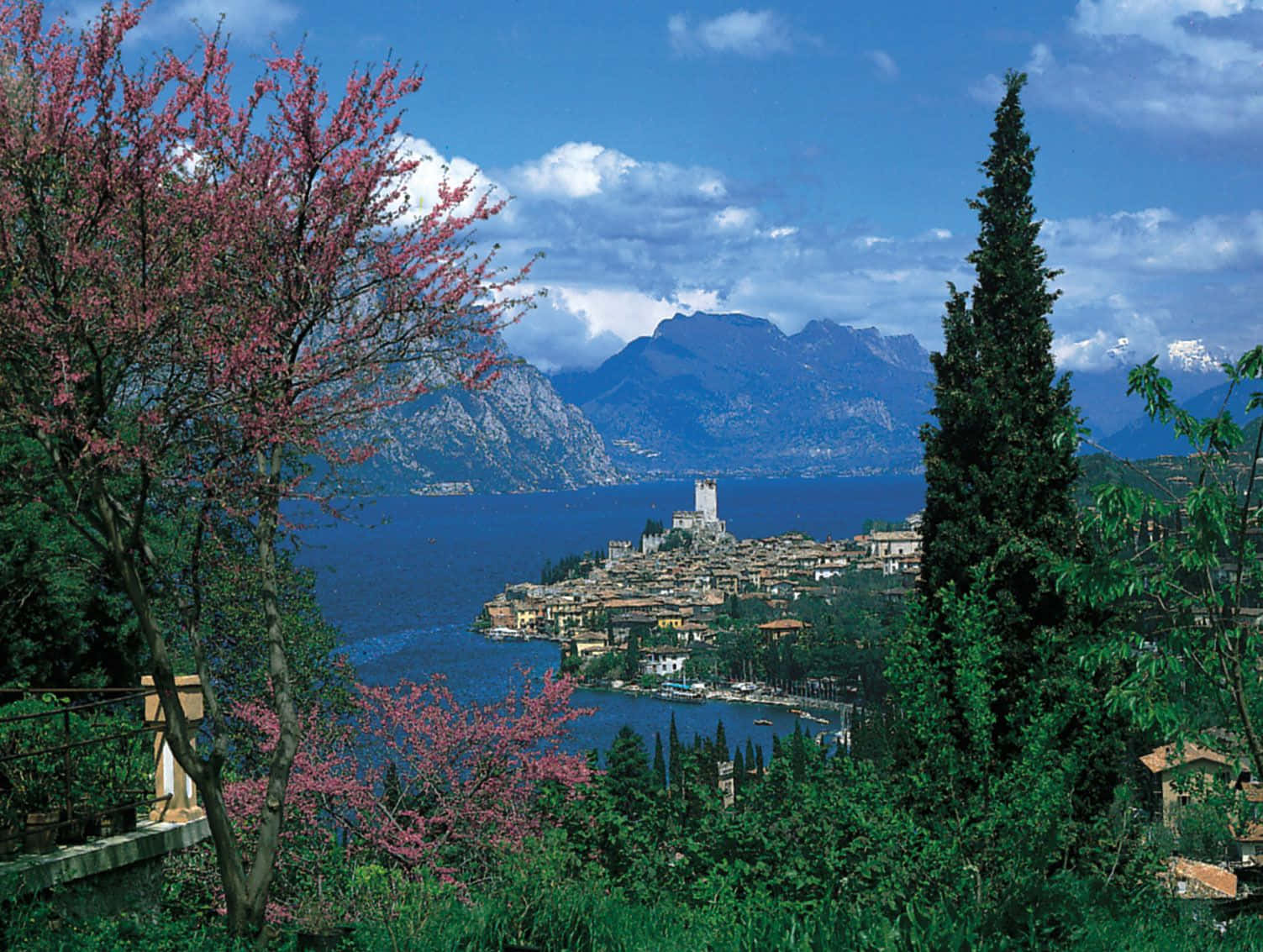 Lago Di Garda, green tree, lakeside village, HD Desktop Wallpaper