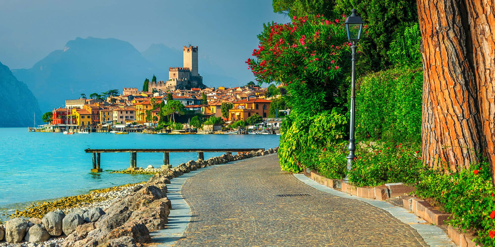 Lago Di Garda, cobblestone path, turquoise lake, Full HD Desktop Wallpaper
