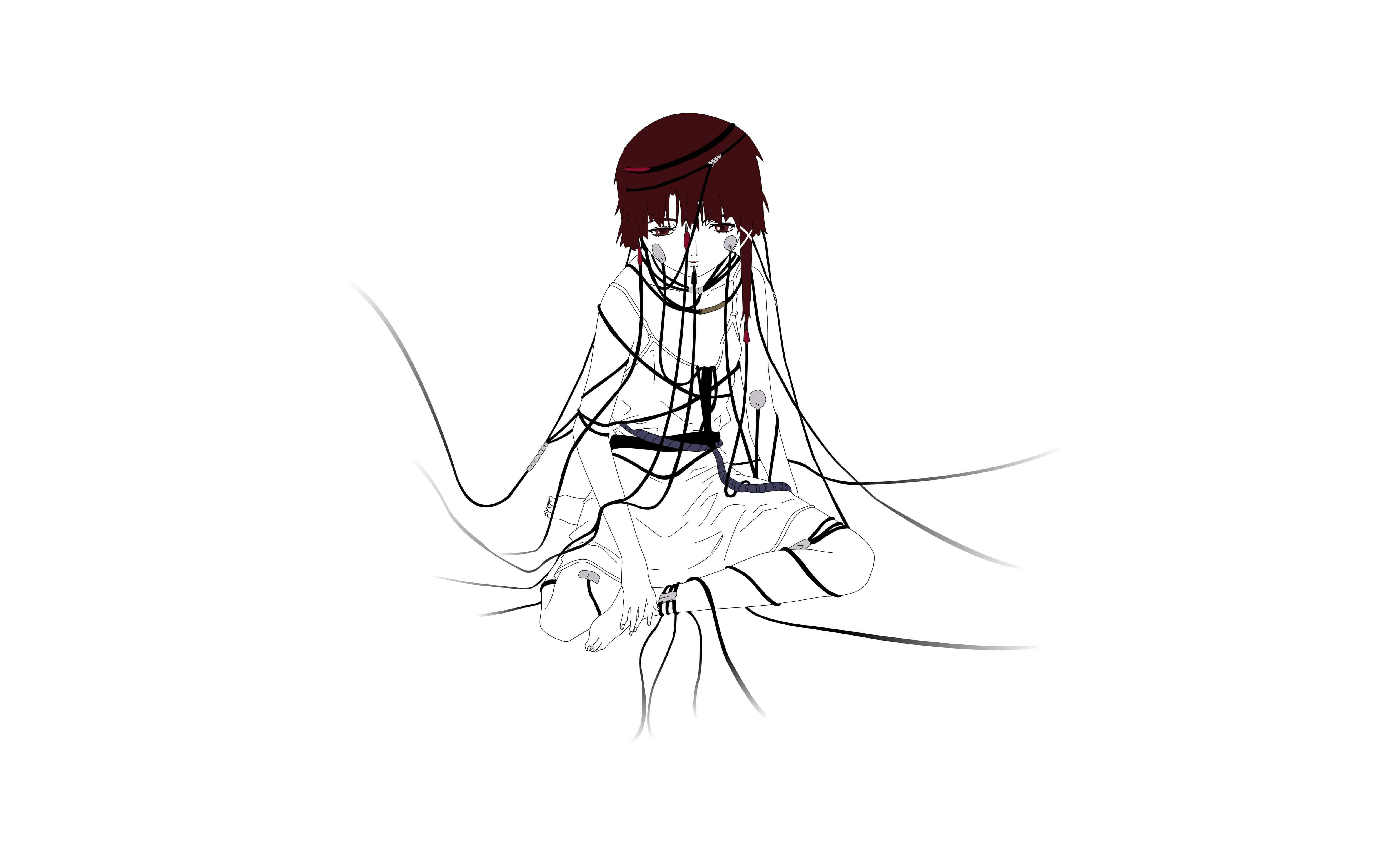 Lain Iwakura, maroon hair, black wires, 4K Desktop Wallpaper