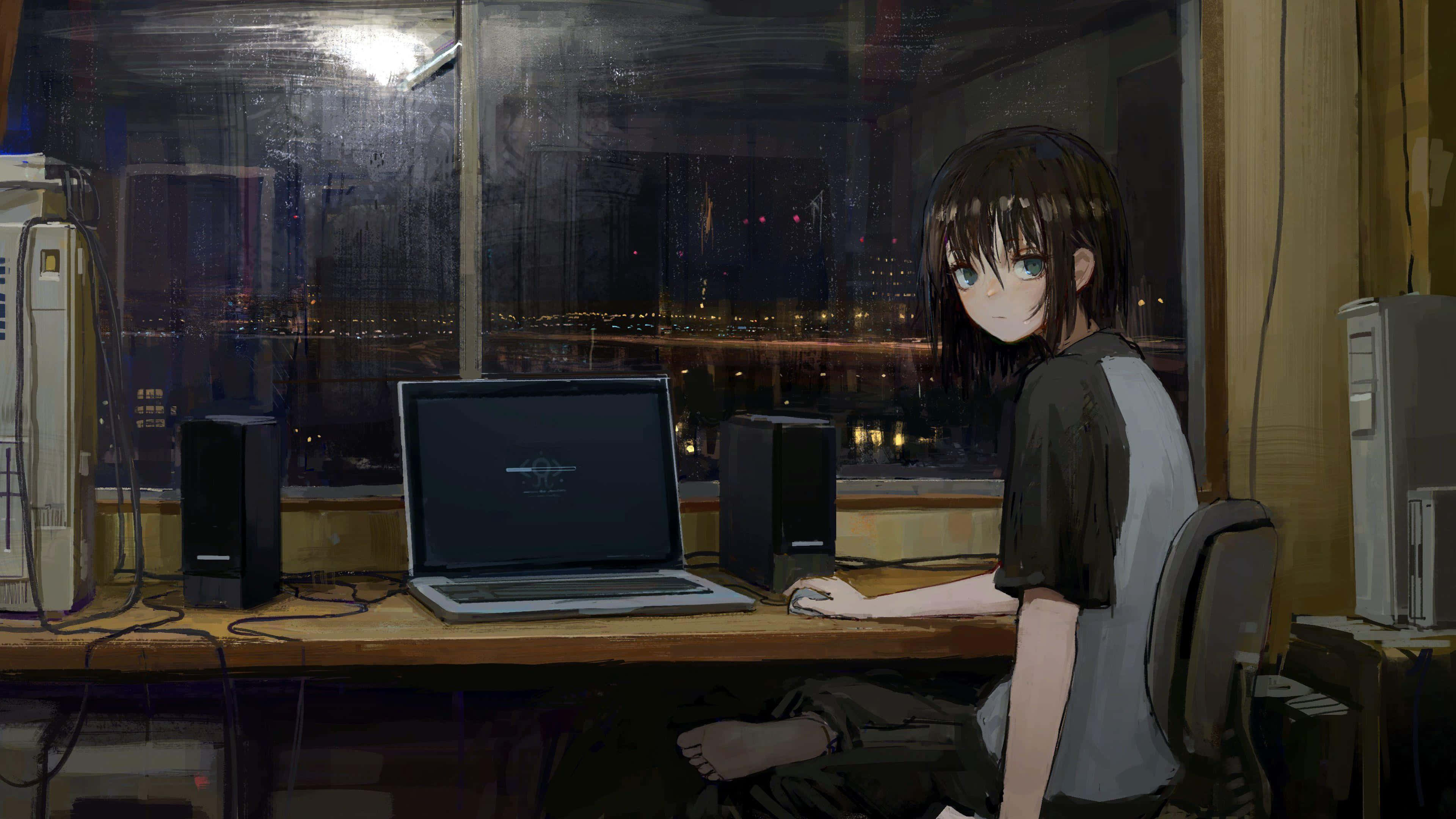 Lain Iwakura, nighttime computing, laptop, 4K Desktop Wallpaper